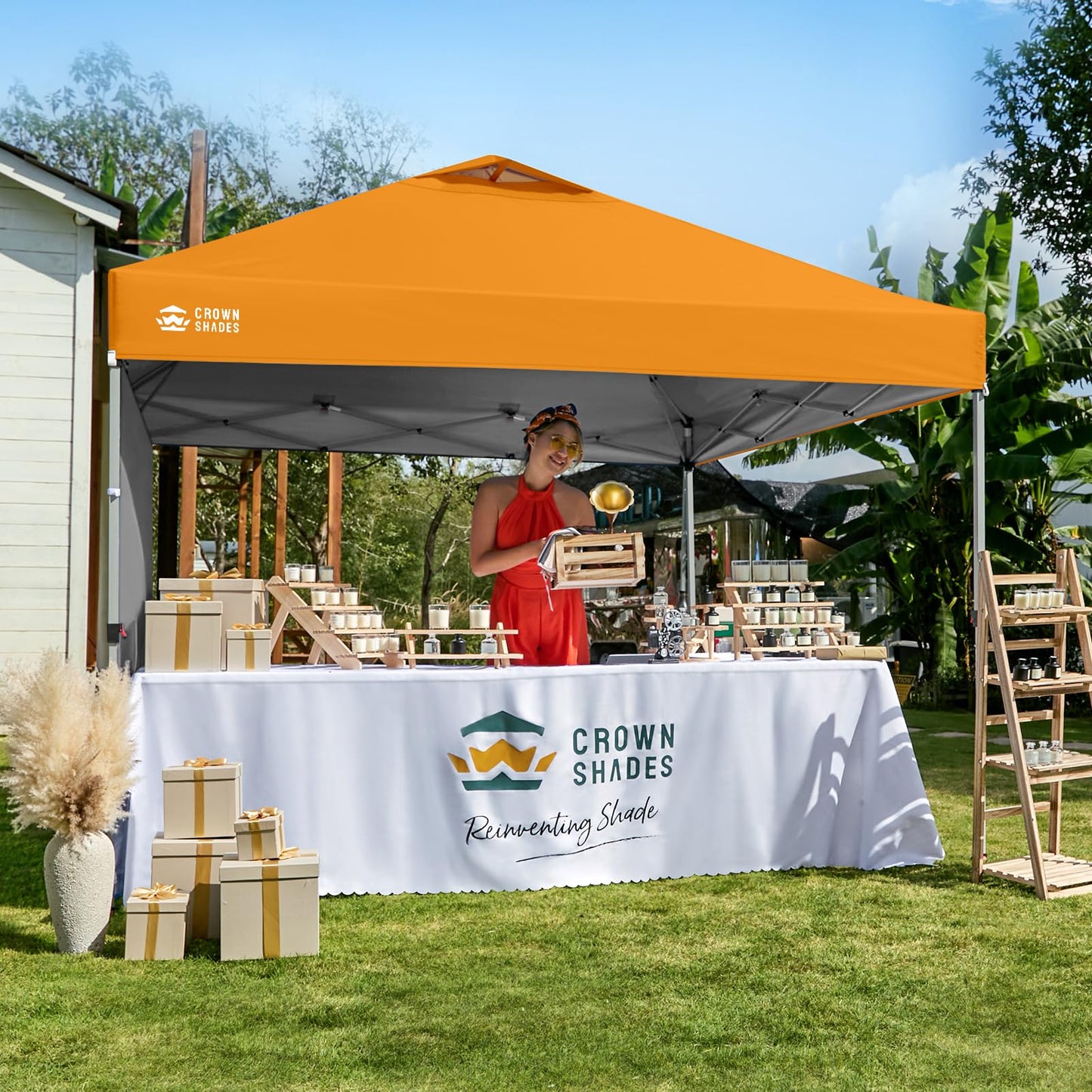 CROWN SHADES 10x10 Pop Up Canopy with 1 Side Wall - Beach Tent with One Push Setup - Outdoor Sun Shade for Events, Parties, Camping - Gazebo with STO-N-Go Cover Bag (Orange)