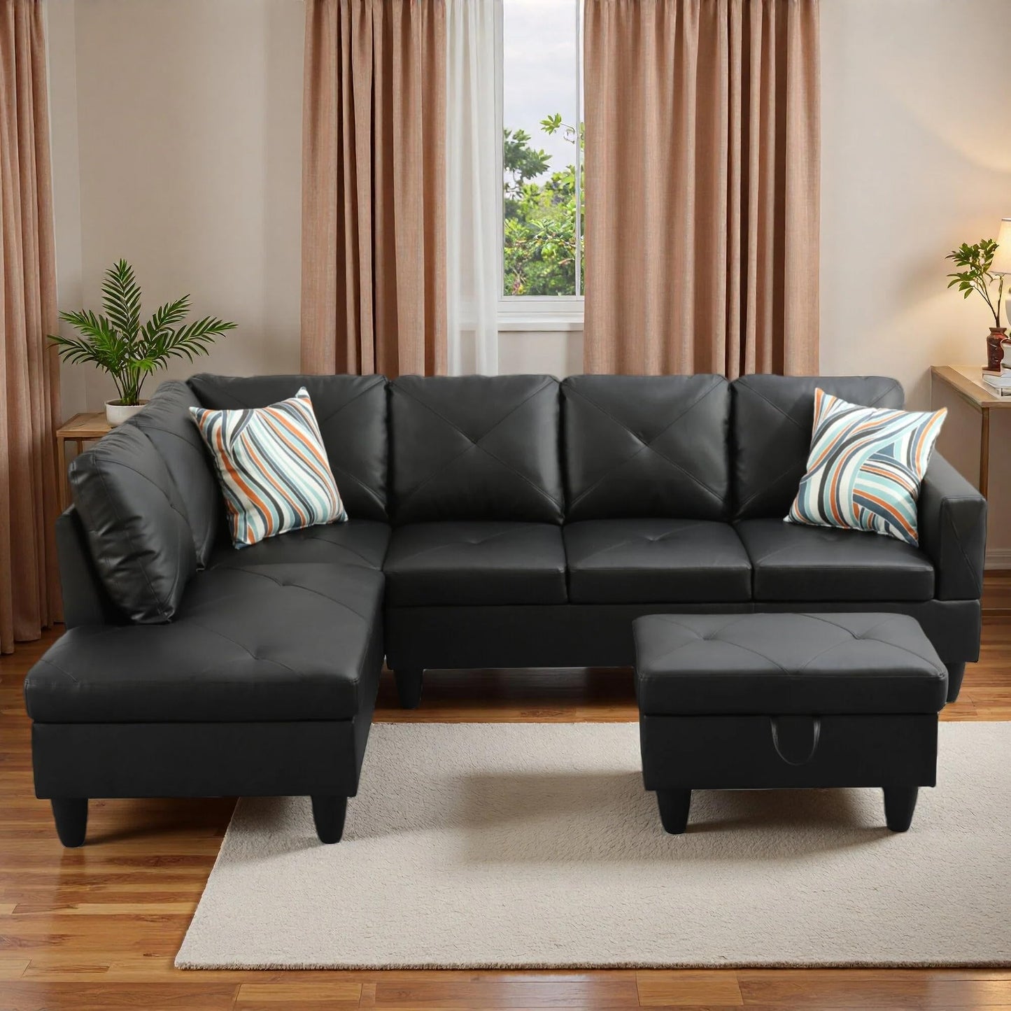 Trygoal L-Shaped Sectional Sofa with Movable Chaise & Storage Ottoman, Leather 3-Piece Modular Convertible Couches for Living Room, Apartment & Office, Dark Black