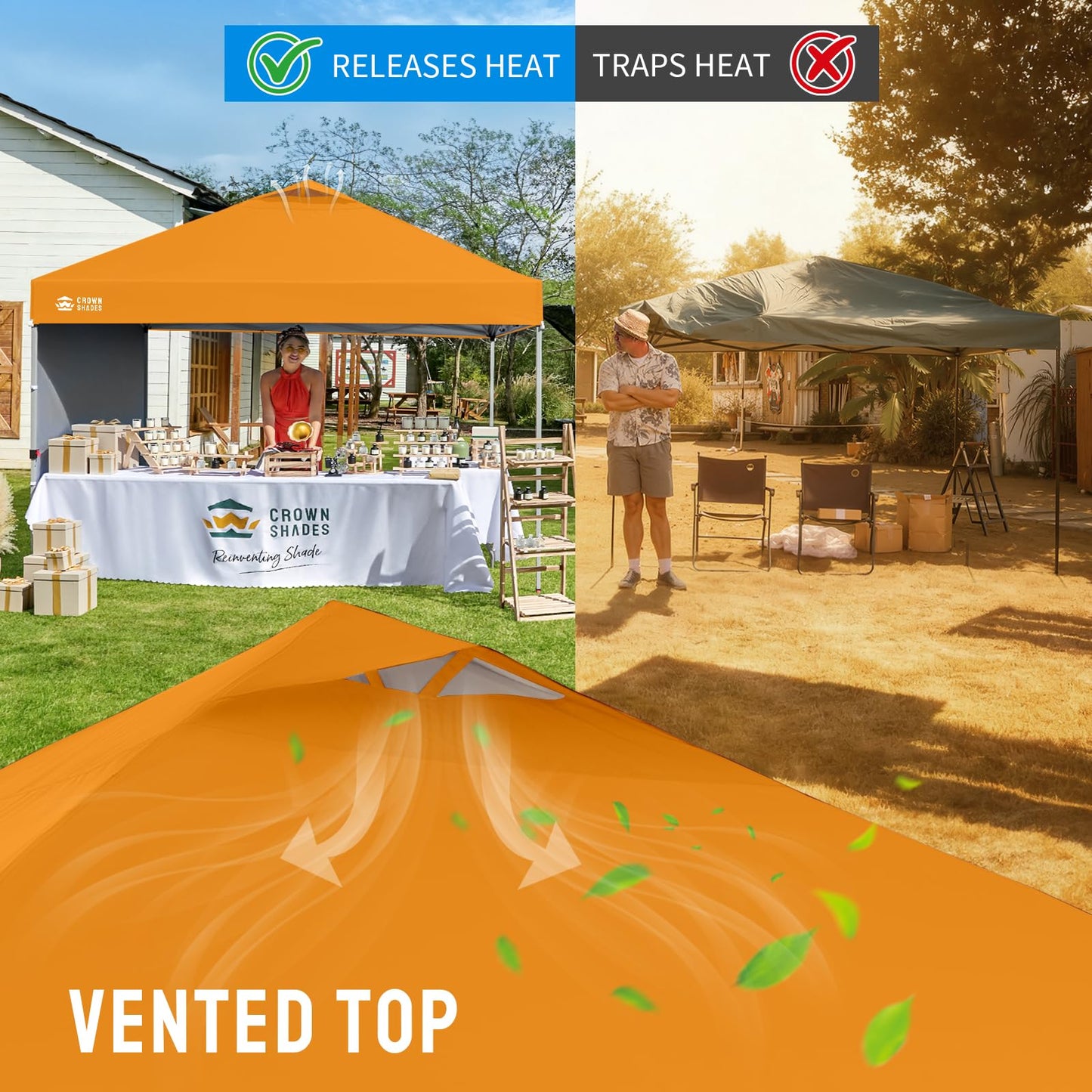 CROWN SHADES 10x10 Pop Up Canopy with 1 Side Wall - Beach Tent with One Push Setup - Outdoor Sun Shade for Events, Parties, Camping - Gazebo with STO-N-Go Cover Bag (Orange)
