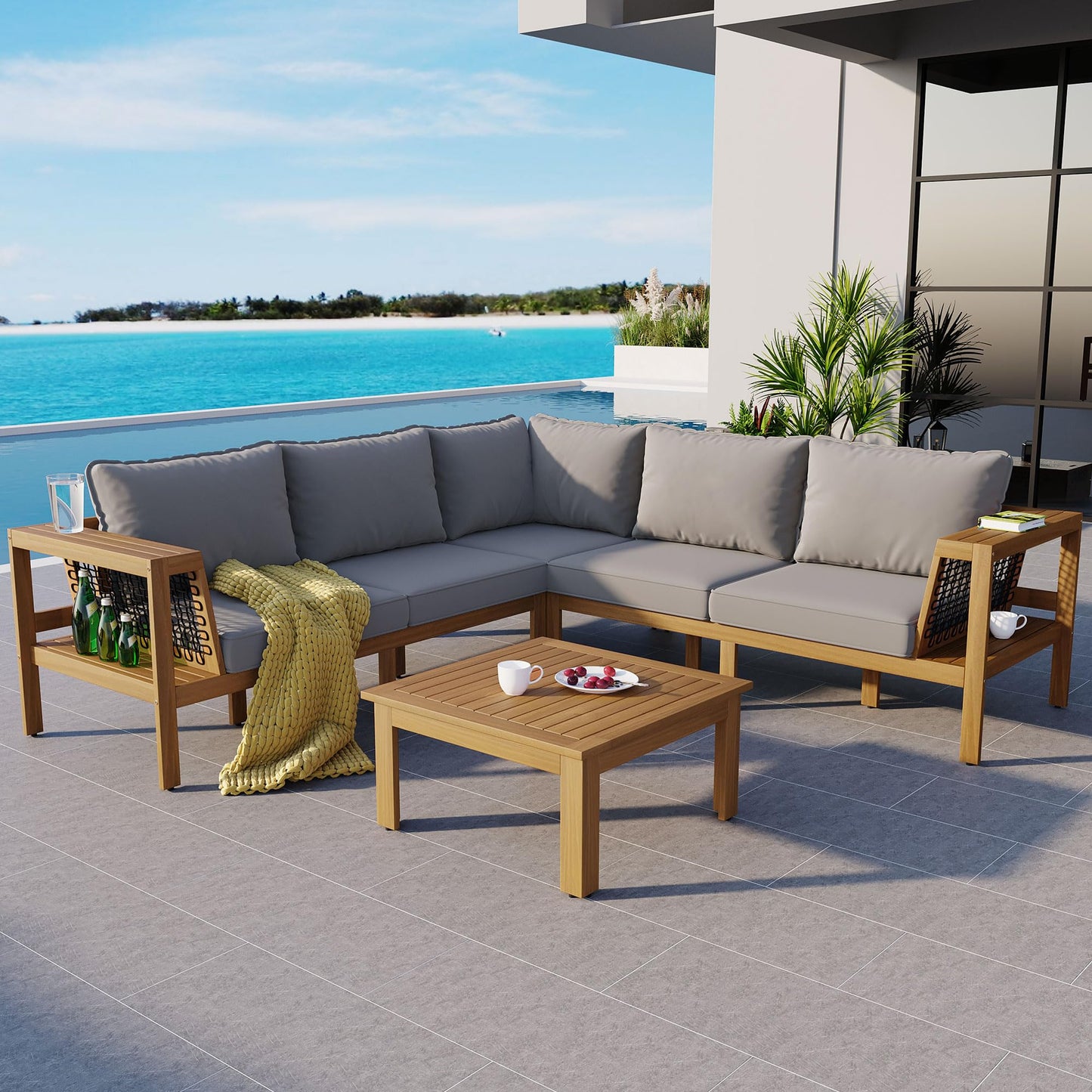 Merax 4 Pieces Patio Furniture Set, Outdoor L-Shaped Sectional Sofa Set with Coffee Table, Acacia Wood Conversation Seating & Thick Cushions and Side Table, for Backyard, Garden and Poolside, Grey