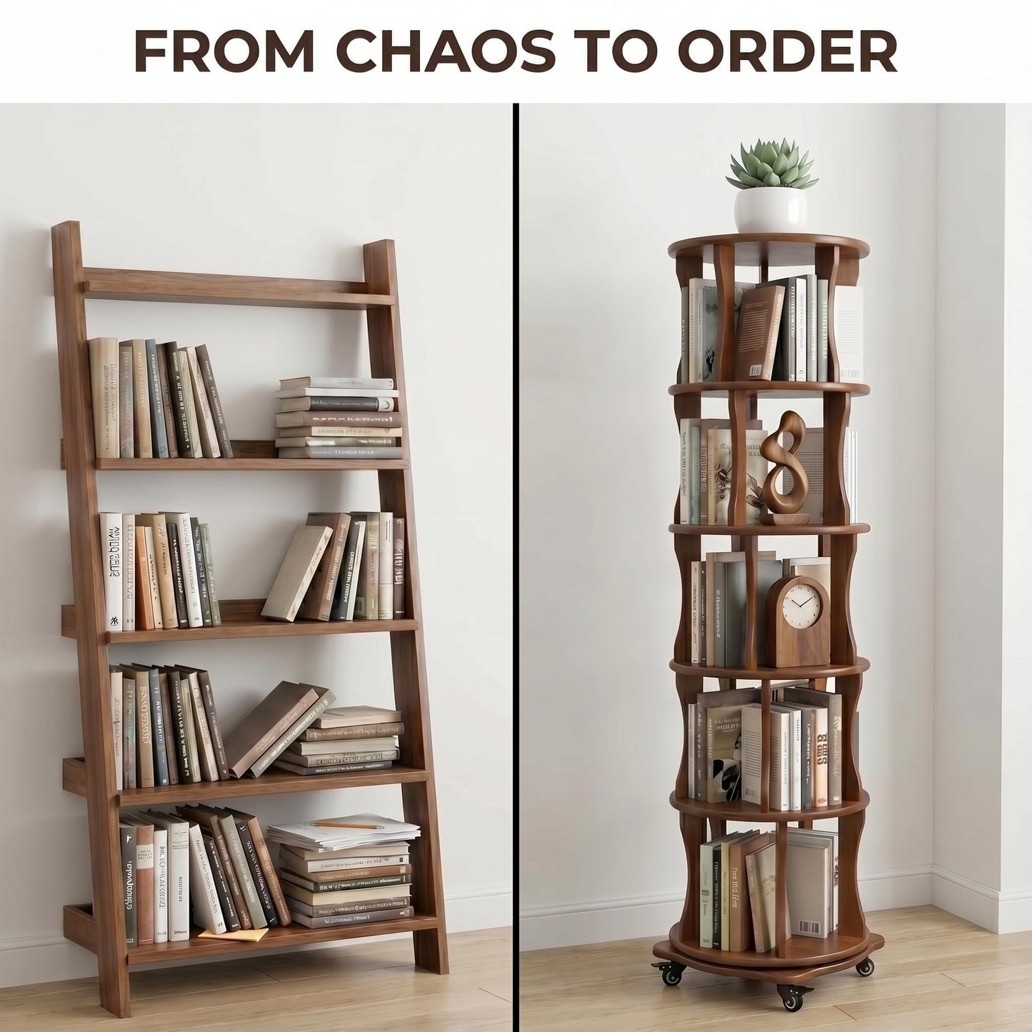 5 Tier Solid Wood Rotating Bookshelf with Wheels, Round Revolving Bookcase Organizer, 360° Spinning Storage Shelf for Corner, Small Narrow Spaces, Home, Office, BedRoom,Living Room,Study Room