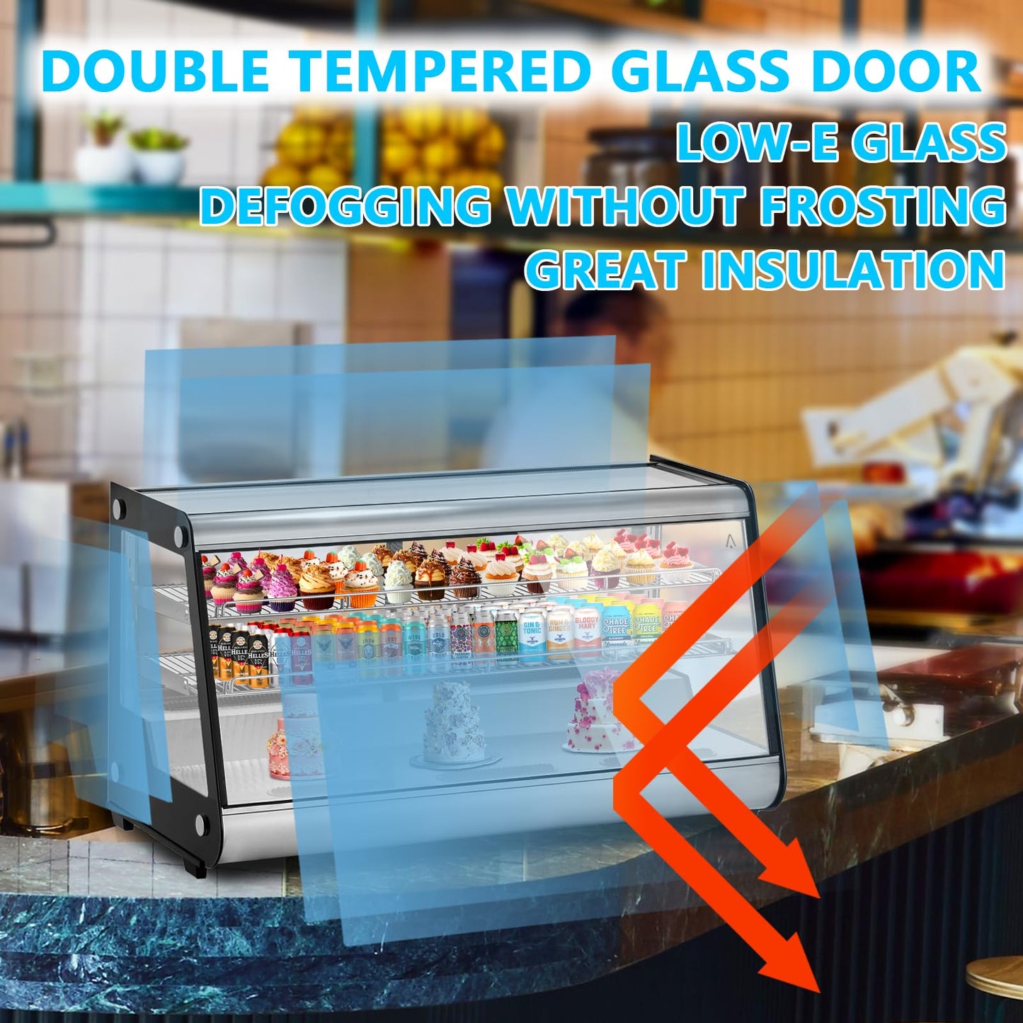 IDEALHOUSE 8.1 Cu.Ft Commercial Glass Door Refrigerator | Countertop Display Fridge with LED Lighting for Bakeries, Cafes, Convenience Stores | Energy Efficient, Adjustable Shelves, Auto-Closing Door