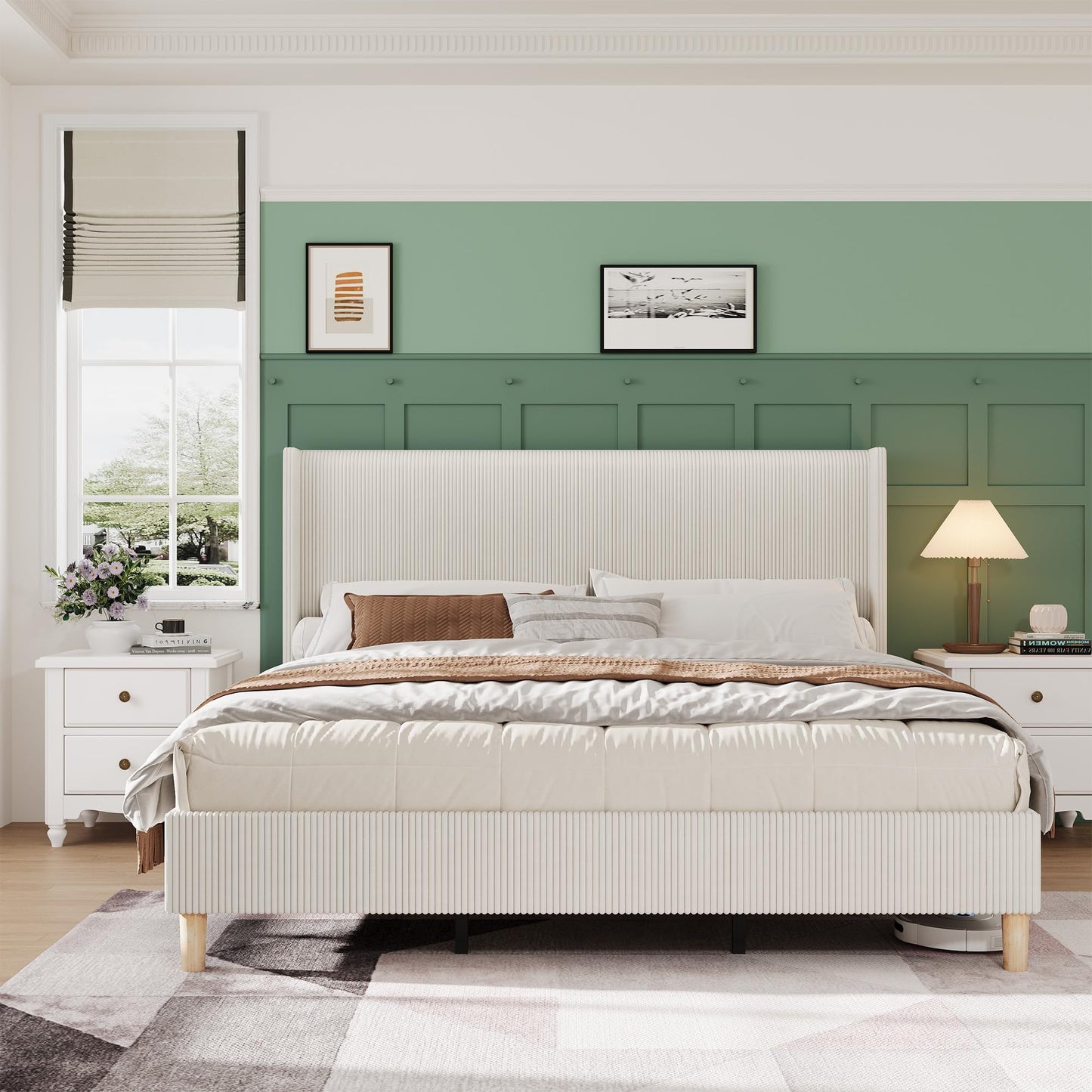 Garvee King Bed Frame with 50" Tall Wingback Headboard, Corduroy Upholstered Platform King Size Bed Frame, No Box Spring Needed, Sturdy Wooden Slats, Noise Free, Cream