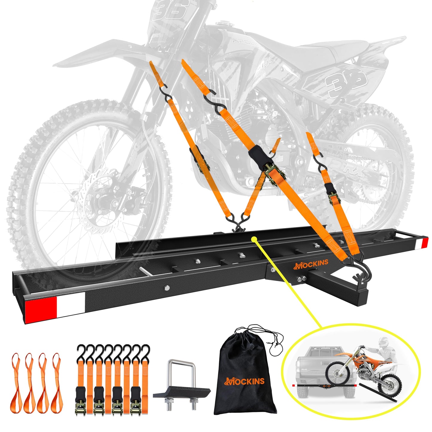 Mockins 500 lbs Capacity Motorcycle Hitch Carrier w/Loading Ramp | 73" Heavy Duty Steel Fat Tire eBike Rack & Dirt Bike Rack for Car Hitch 2" Receivers | Weatherproof Motorcycle Carrier Set