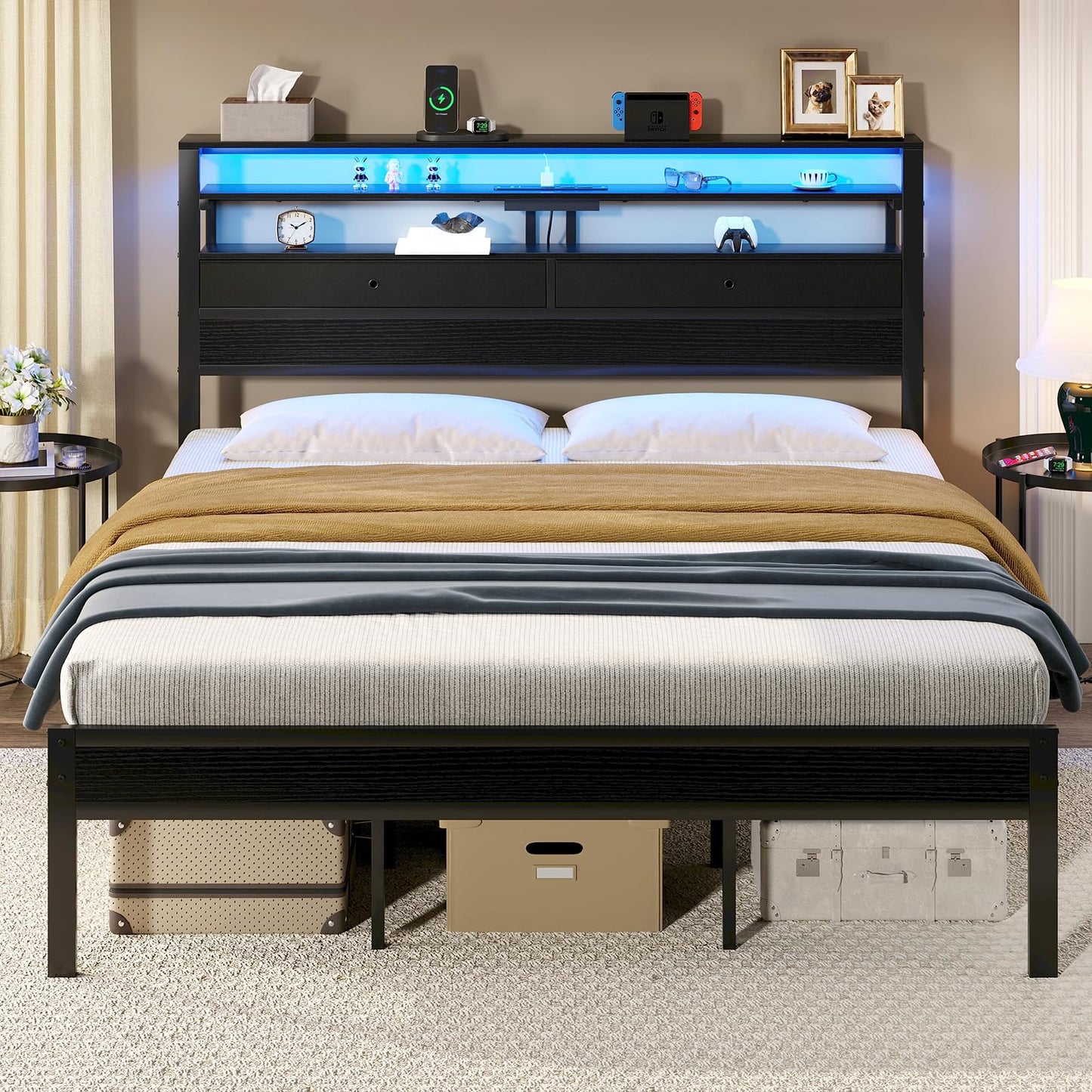 Sweetcrispy Bed Frame King Size with LED Lights and Charging Station, Sturdy Platform Beds Frame with Storage Drawers, 3-Tier Shelves and Under Bed Storage, No Box Spring Needed, Black