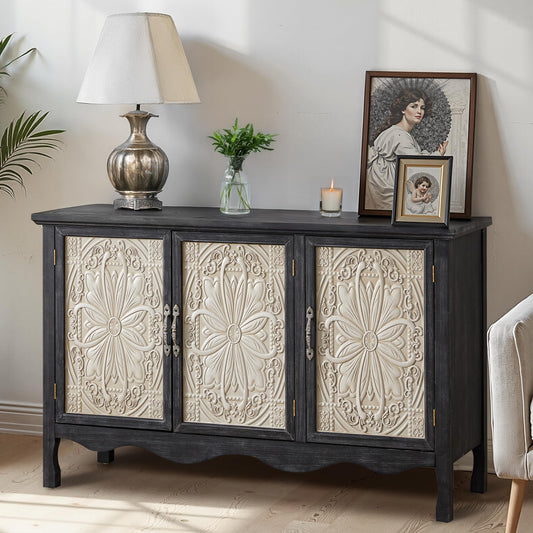 RoyalCraft Farmhouse Sideboard Buffet Cabinet with Storage, Vintage Solid Wood Credenza Buffet Table Coffee Bar Wine Bar Storage Cabinet with 3 Doors for Dining Room Living Room Hallway, Retro Black