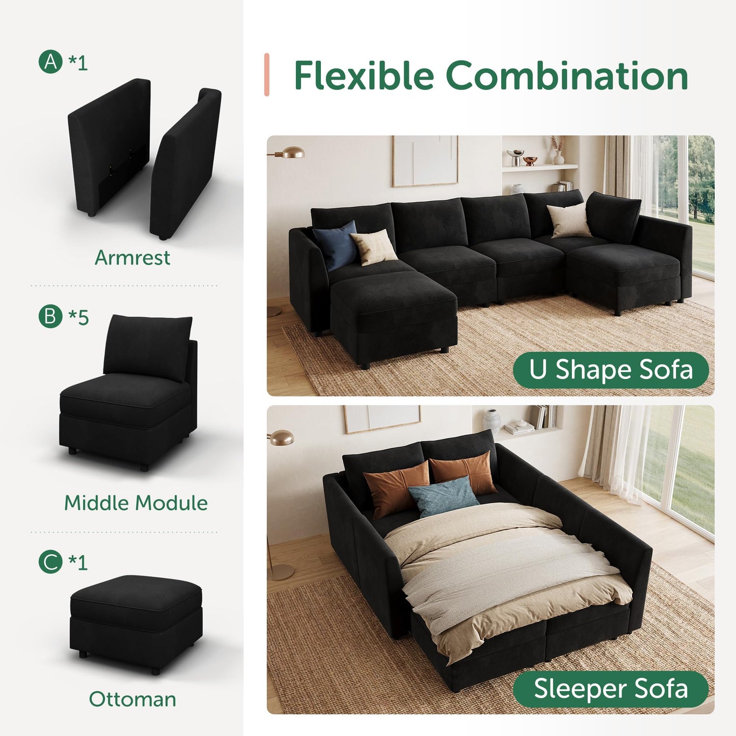 HONBAY Modular Sectional Couch Velvet Sleeper Sofa with Storage Seat Sectional Couches for Living Room,Black