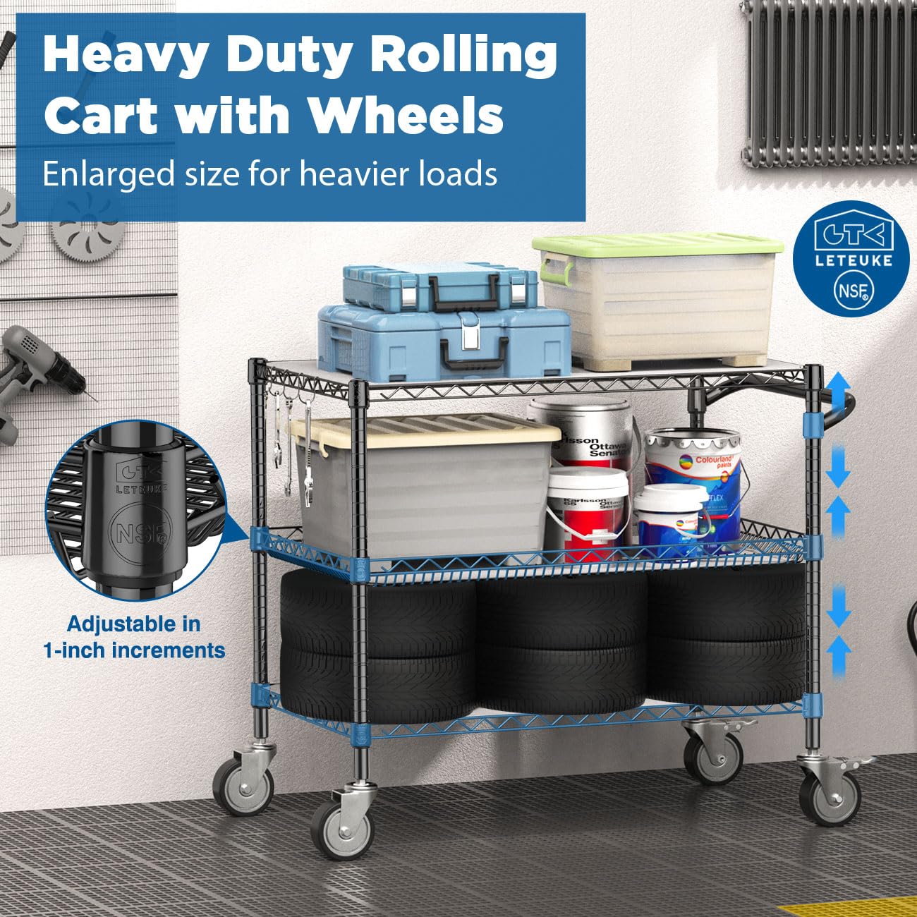 Leteuke Heavy Duty Rolling Utility Cart, 45 Inch Kitchen Carts with Wheels, NSF Commercial Grade with Handle & Shelf Liners, 1120LBS Storage Cart for Kitchen,Restaurant,Plant Display-Black