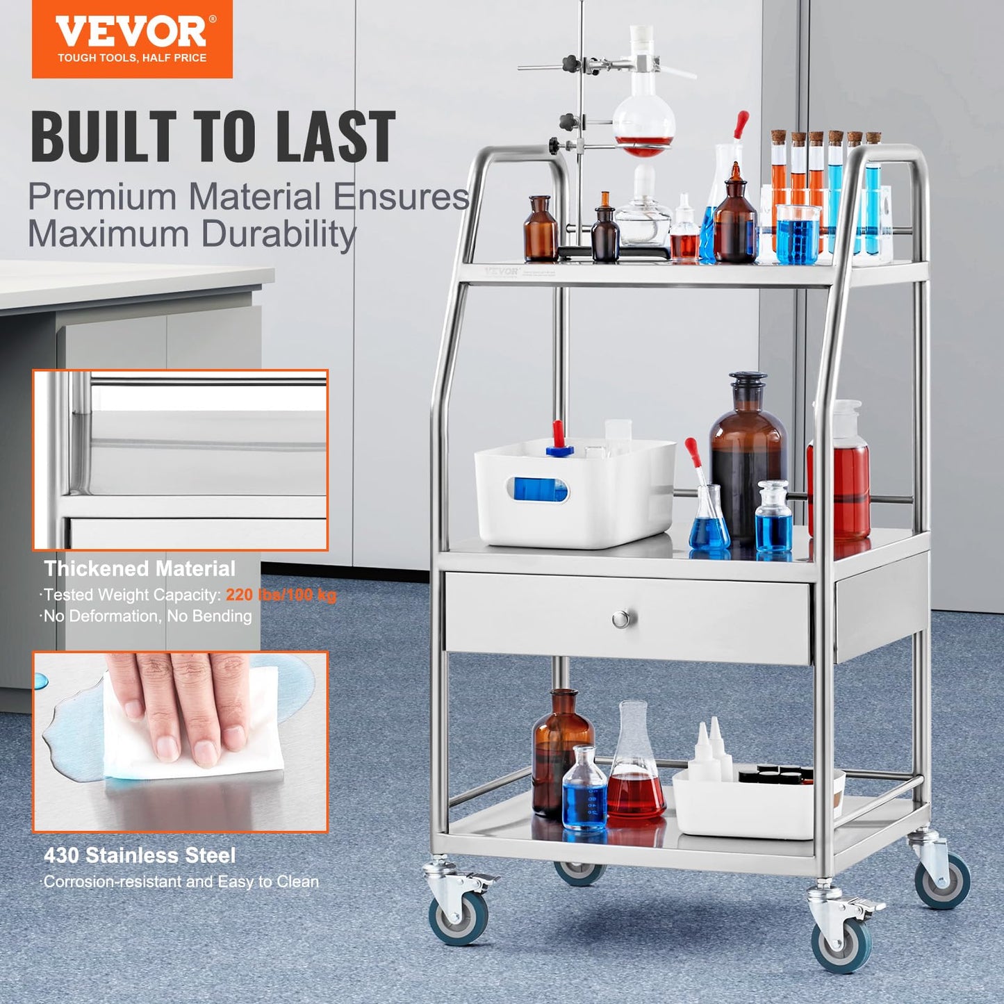 VEVOR Stainless Steel Utility Cart with 3 Shelves & 1 Drawer, 360 Swivel Casters, 220lbs Capacity