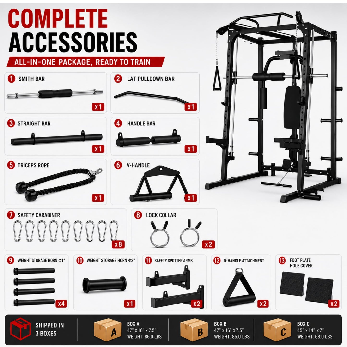 Smith Machine Squat Rack with Butterfly Chest Sation, Multi-Function Home Gym Power Cage with Cable Crossover, LAT Pulldown, 8 Weight Storage Pins & T-Bar for Full Body Strength Training