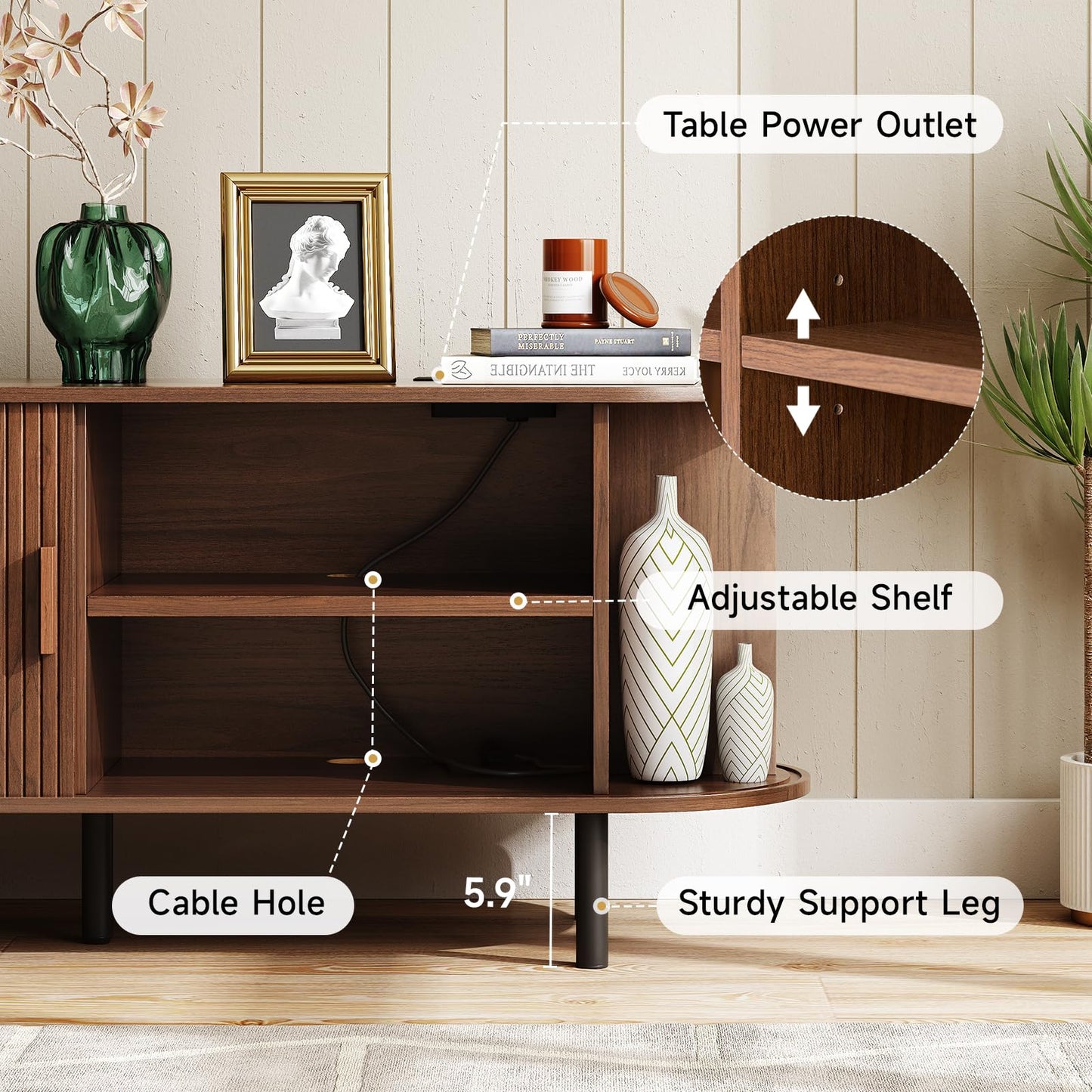 ONBRILL 70.8" TV Stand with Power Outlet for TVs up to 75 Inch, Entertainment Center with Storage and Adjustable Shelves, Modern Media Console with Sliding Doors for Living Room, Walnut