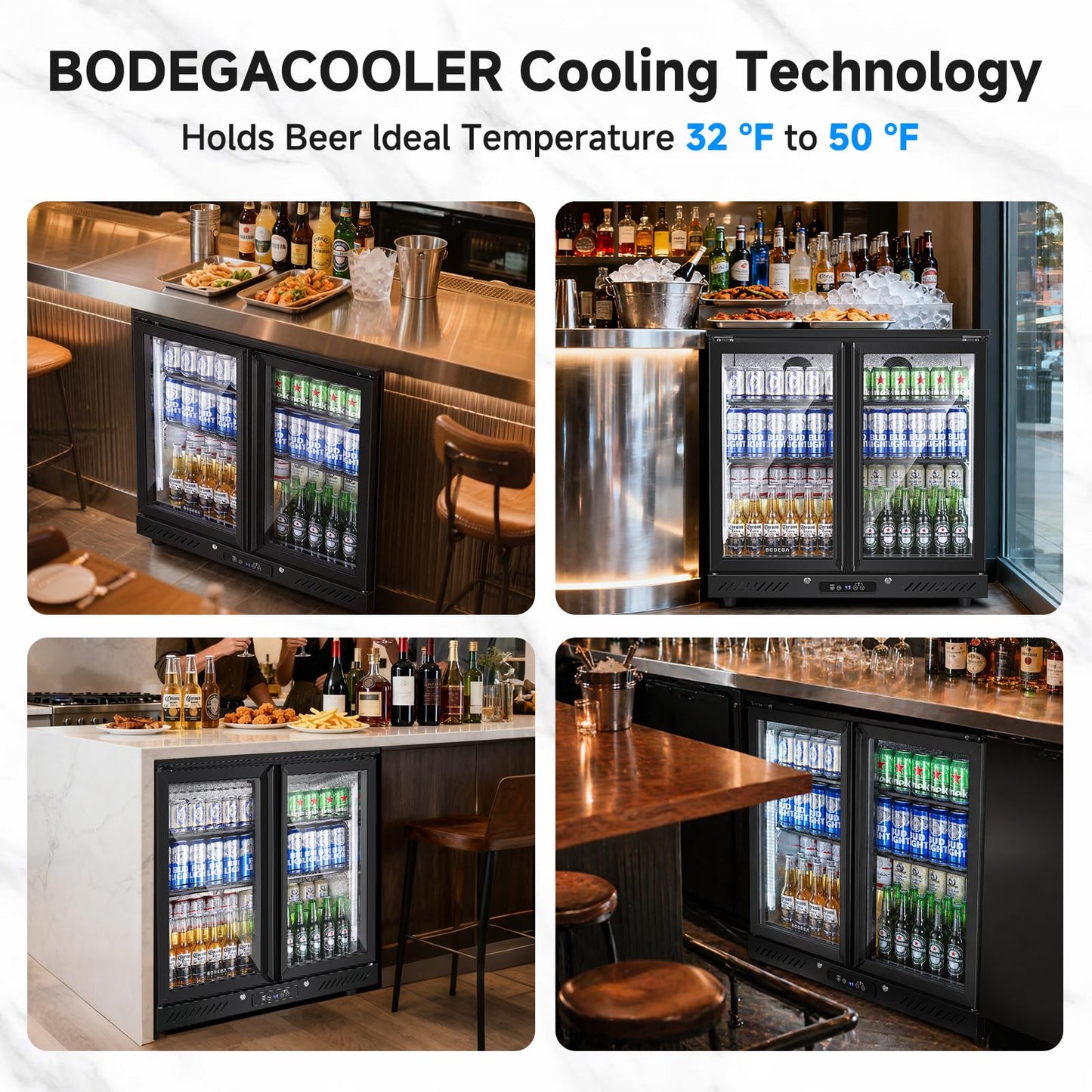 BODEGACOOLER 2 Door Back Bar Cooler, 7.4 Cu.Ft Commercial Beverage Refrigerator, Under Counter Drink Fridge with Glass Doors, Holds 209 Cans/117 Bottles, LED Lighting, Stainless Steel Top & Casters