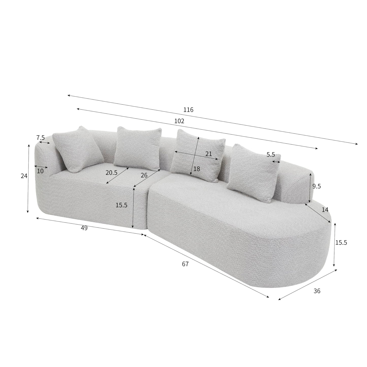 Merax 116" Curved Polyester Sectional Sofa, Modern Pearl Upholstery 3 Seat Cloud Couch with Chaise Lounge & 4 Pillows for Living Room, White+Gray