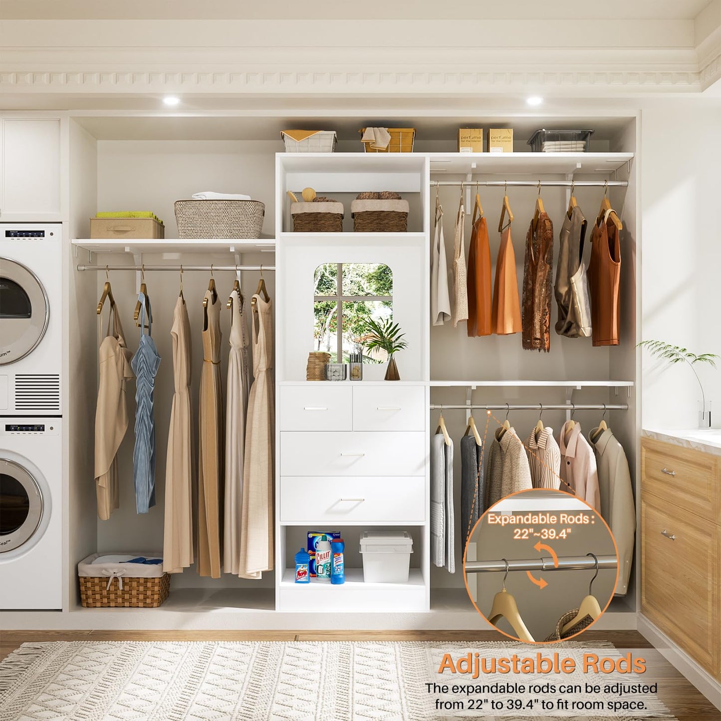 Unikito 8FT Closet System with 4 Drawers, 96" Wood Closet Organizer with Mirror and Hanging Rods, Sturdy Walk in Wardrobe Closet Insert with Tower, 96" W x 16" D x 80" H (Can Be Cut To Fit), White