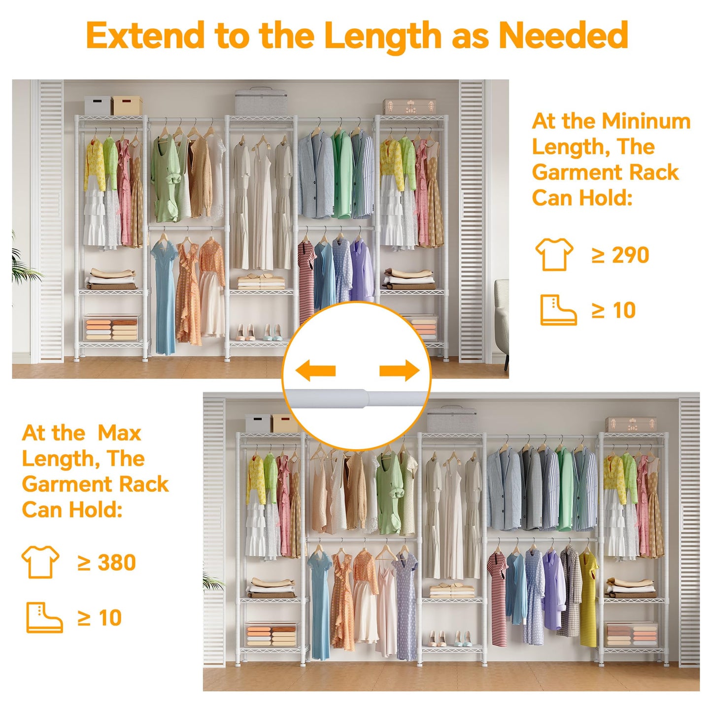 Higeego H11 Heavy Duty Garment Rack, Clothing Rack for Hanging Clothes, Extra Large Closet, Freestanding Wardrobe Closet Organizer and Storage with Hanger Rods, Extendable from 7.8 to 10.8 ft, White
