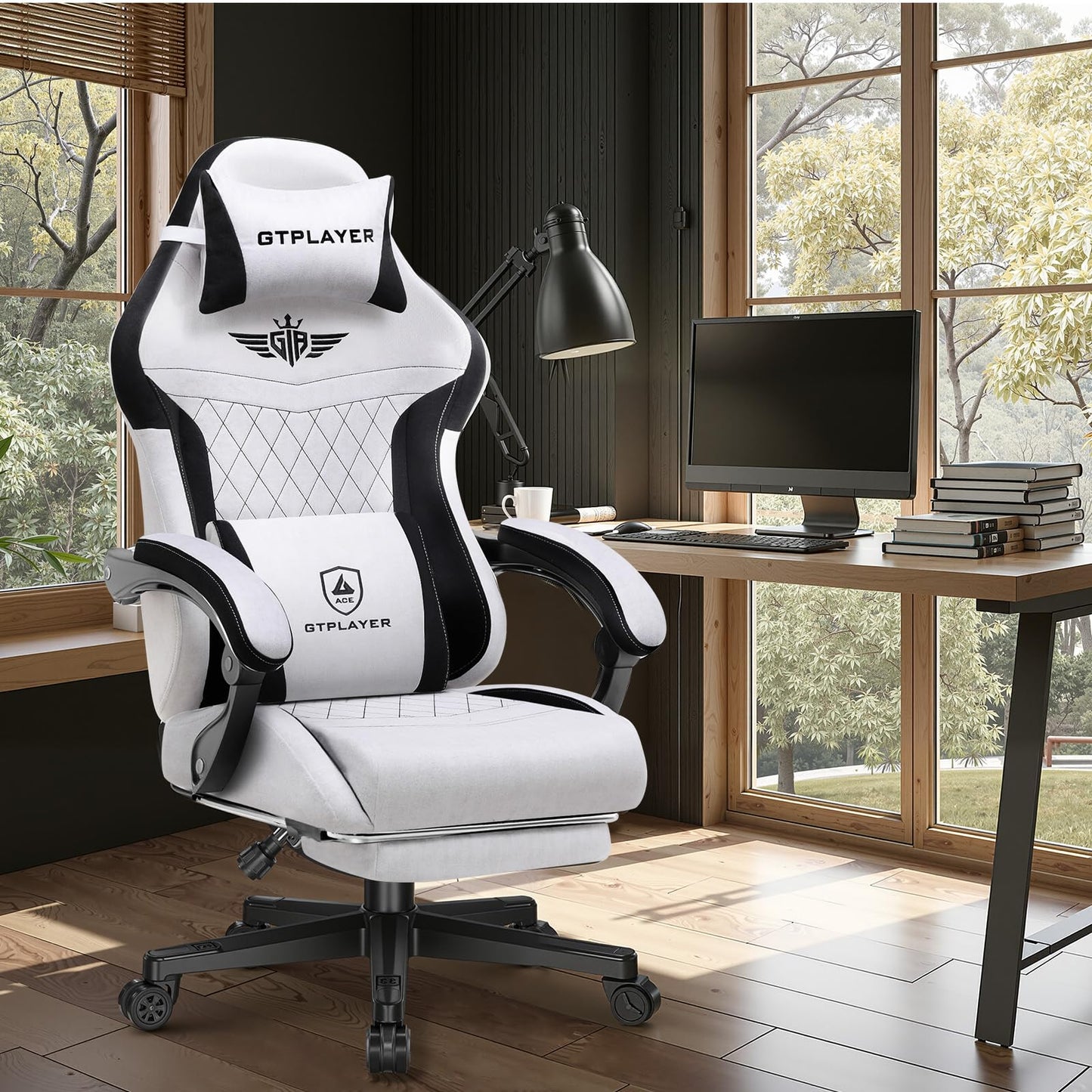 GTPLAYER Gaming Chair with Footrest, Big and Tall Game Chair High Back Computer Office Chair with Lumbar Support for Adults, Ergonomic Swivel Games Chair with Cushion Gaming, Fabric Grey