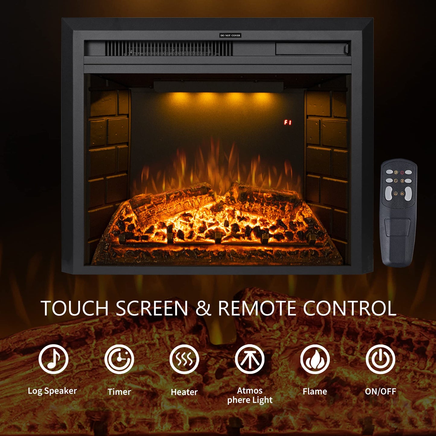Benrocks 25'' Electric Fireplace Inserts, Recessed & Built in Wall Electric Fireplace Heater with Fire Crackling Sound, Adjustable Top Light & Flame Speed, Overheating Protection, 750/1500W Black