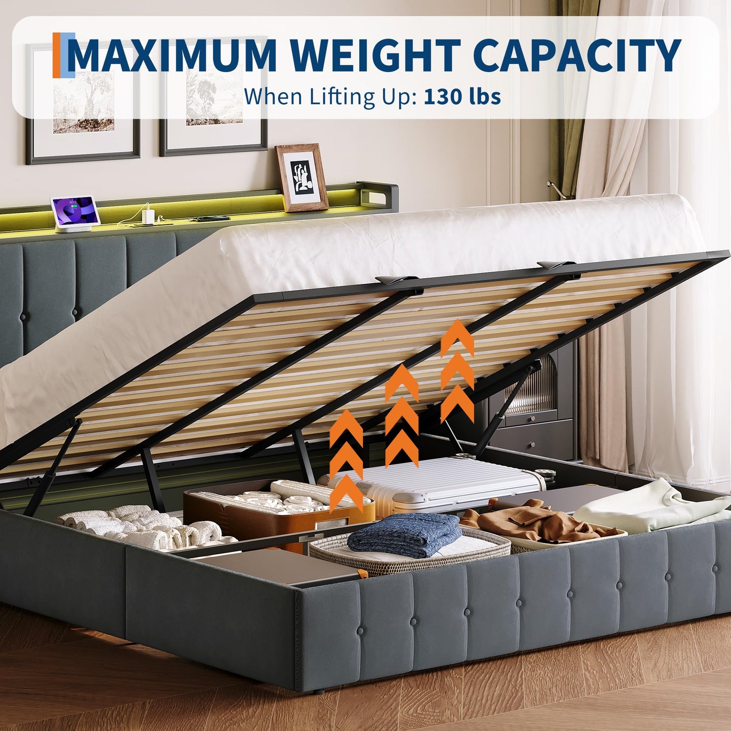 Garvee King Size Lift Up Storage Bed with LED Lights, Upholstered Velvet Bed Frame with Storage Headboard & Charging Station, Metal Platform Bed, No Box Spring Needed, Solid Wooden Slats, Grey