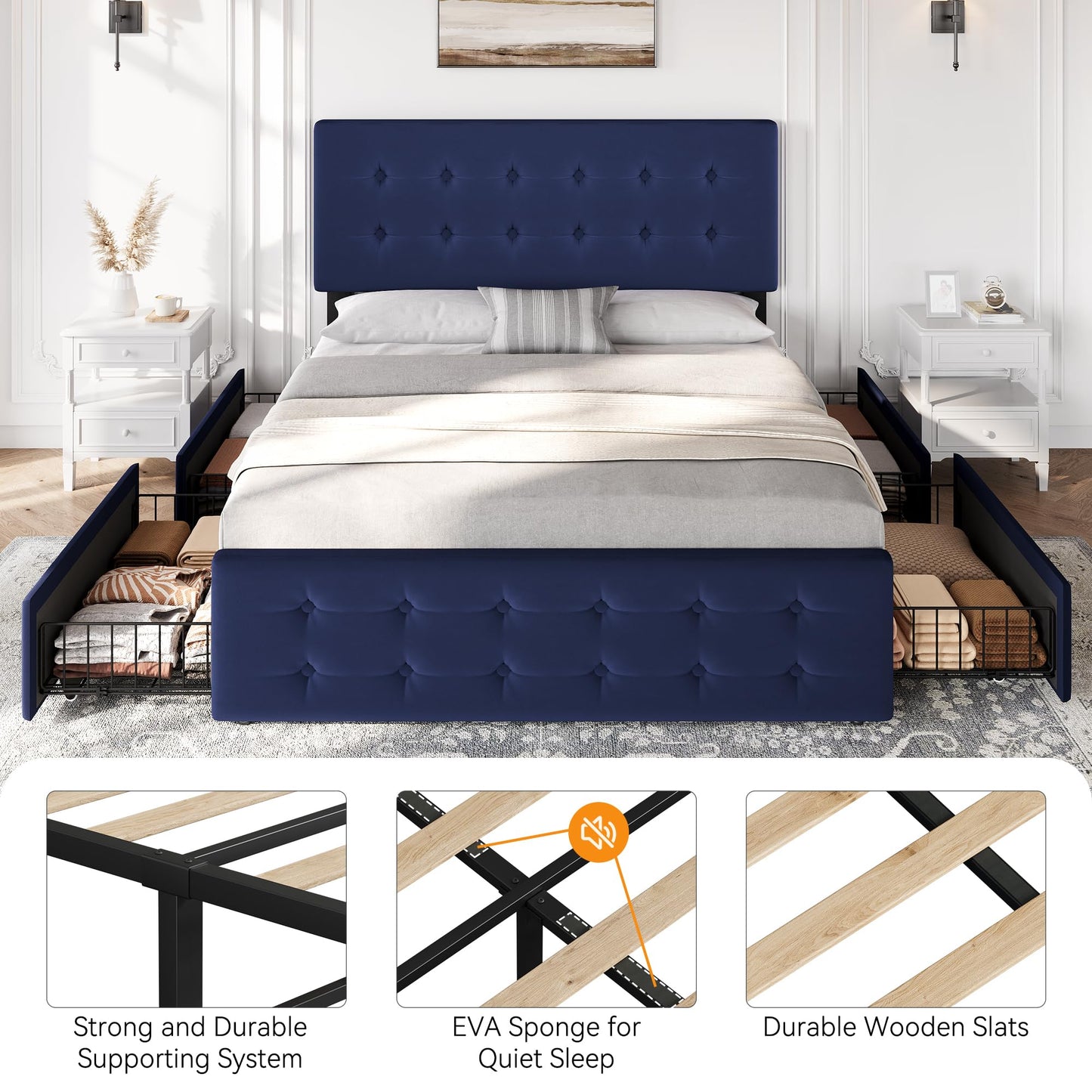 GAOMON Queen Size Bed Frame with 4 Drawers and Adjustable Headboard, Velvet Upholstered Platform Bed with Button Tufted Design, No Box Spring Needed, Strong Wooden Slats, Blue