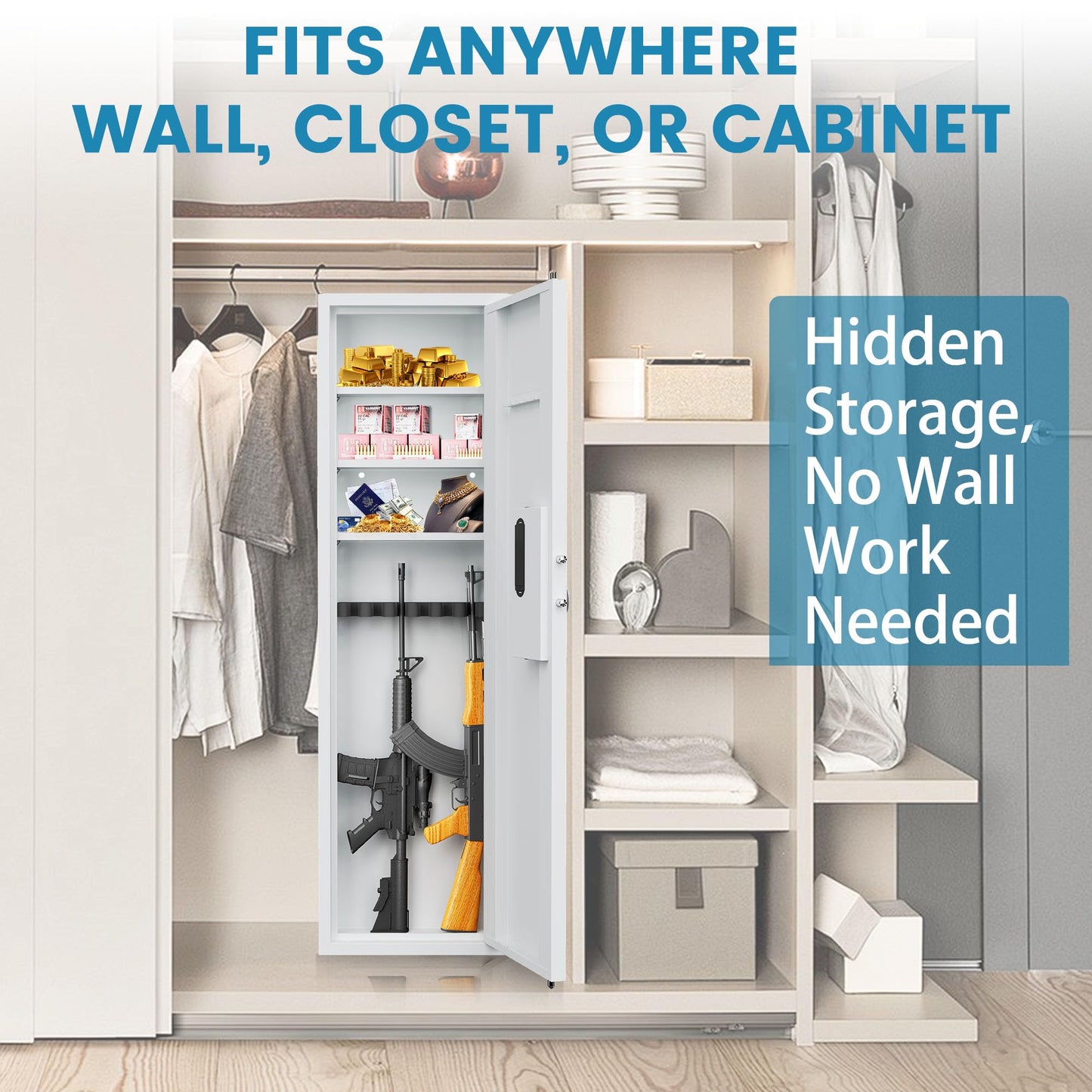 53.15" Hidden In-Wall Gun Safe with Fingerprint & Digital Keypad, Fireproof Heavy Duty Alloy Steel Wall Mounted Safe, Concealed Security Cabinet for Rifles, Pistols, Cash & Jewelry, White