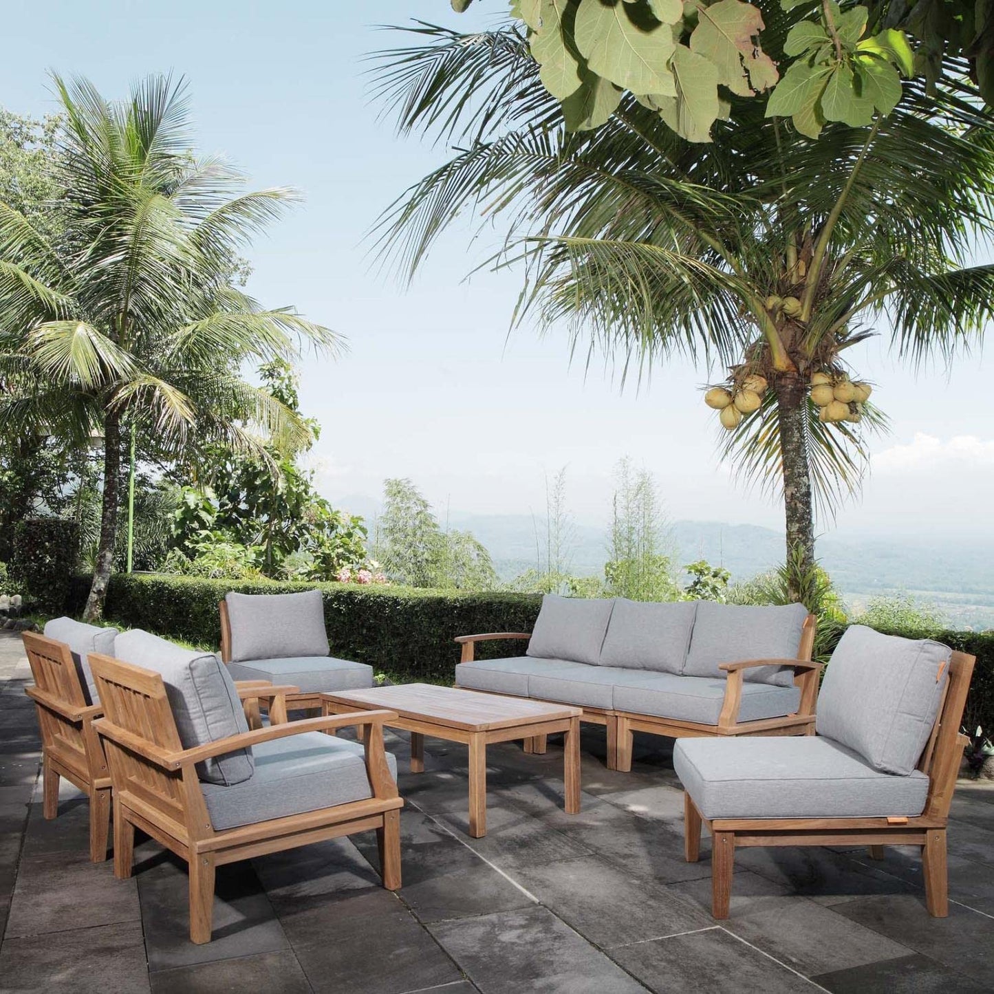 Modway EEI-1479-NAT-GRY-SET Marina Premium Grade A Teak Wood 8-Piece Outdoor Patio Furniture Set, Natural Gray