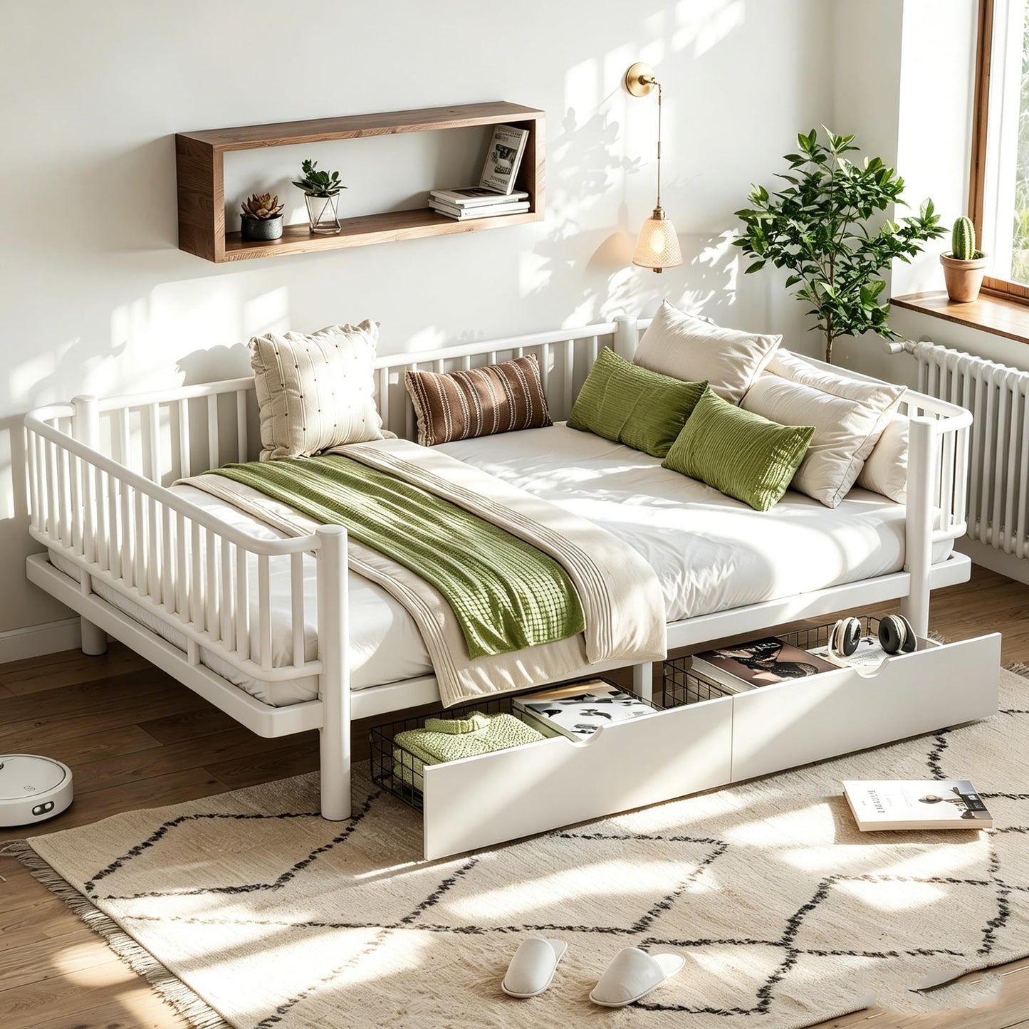 Bellemave Metal Kids Full Size Bed Frame with Storage Drawers and Detachable Fence,Full Size Montessori Bed with Slats and Fence,Metal Platform Bed,Low Profile Design,White