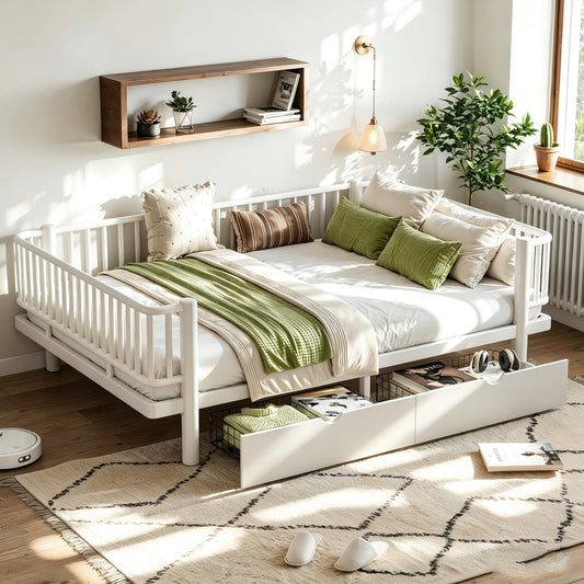 Bellemave Metal Kids Full Size Bed Frame with Storage Drawers and Detachable Fence,Full Size Montessori Bed with Slats and Fence,Metal Platform Bed,Low Profile Design,White