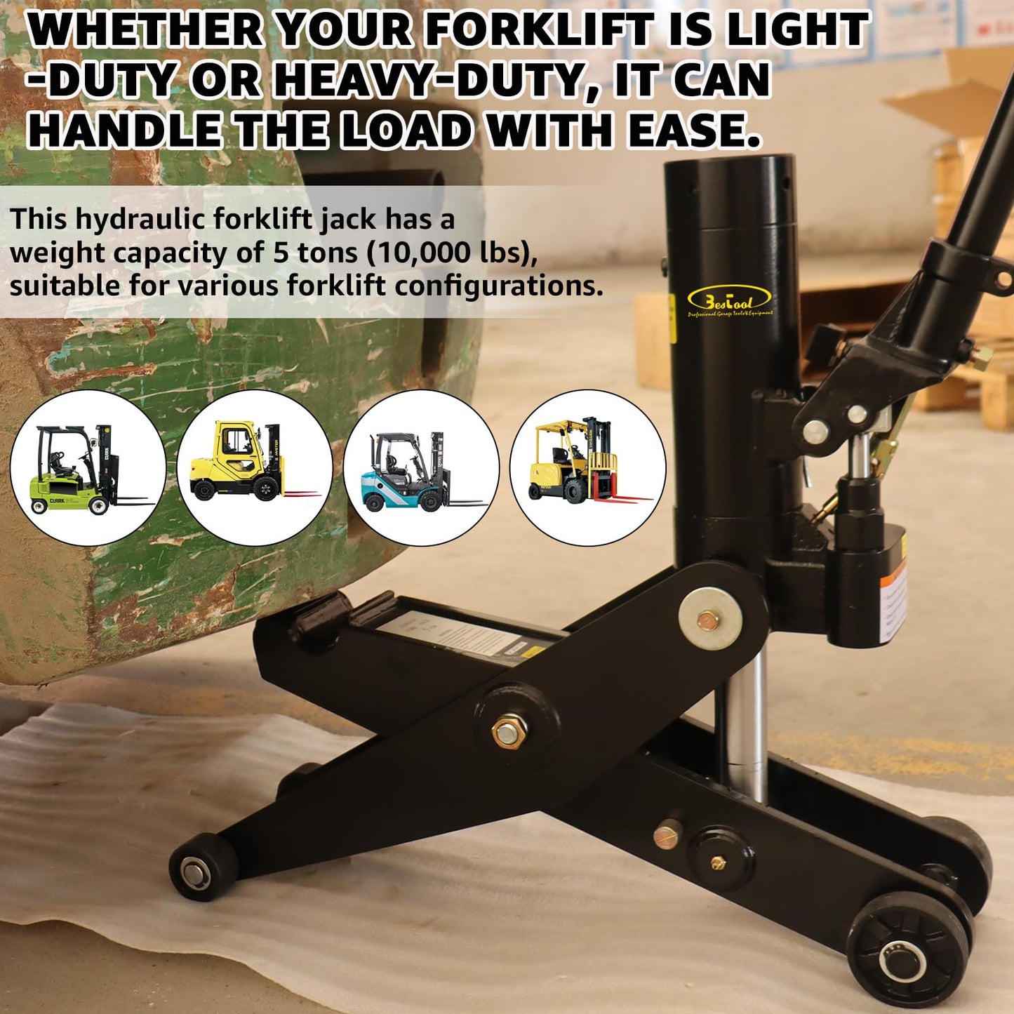 BESTOOL 5 Ton Hydraulic Forklift Jack, Low Profile Heavy Duty Service Jack for Forklift, Truck & Warehouse Equipment, Dual Lift Positions, 2.56" to 16.7" Lifting Range, 10,000 lbs Capacity