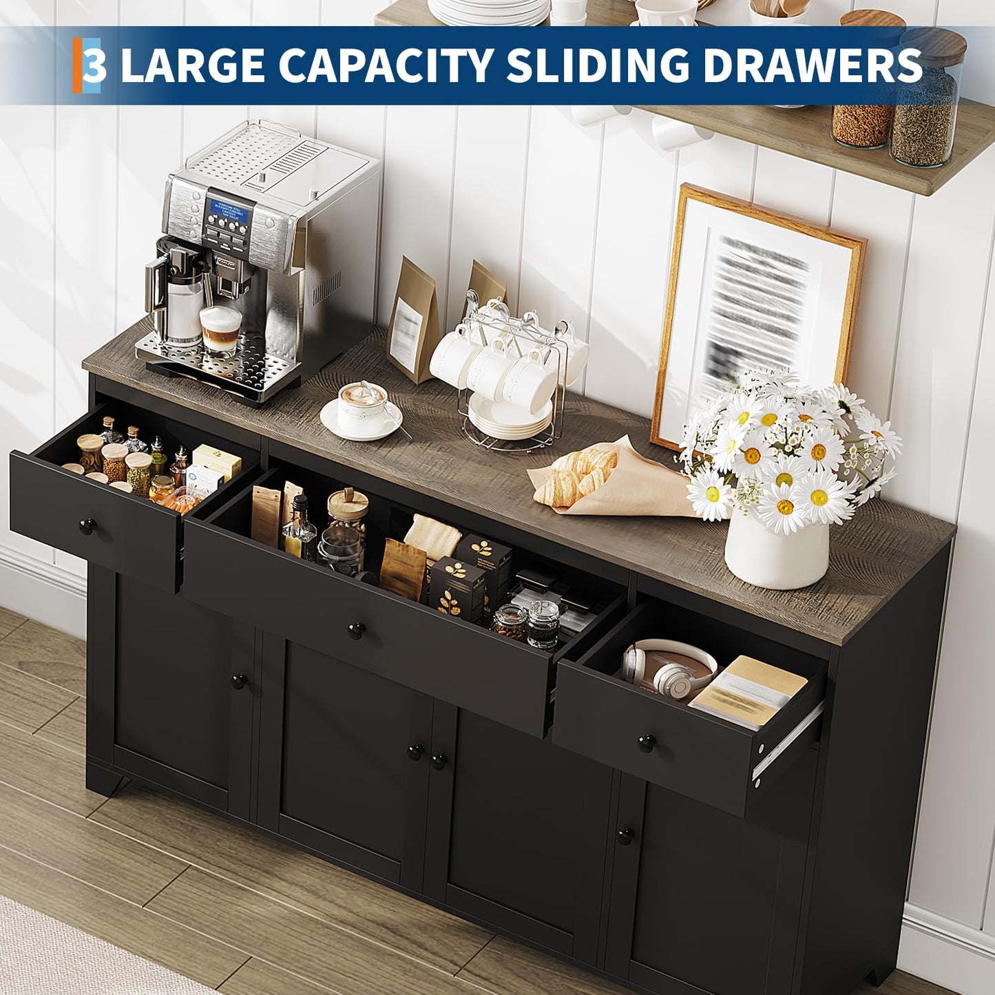 GAOMON 55" Large Sideboard Buffet Cabinet with 3 Drawers & Doors Farmhouse Kitchen Storage Cabinet Console Table Coffee Bar Buffet Table with Adjustable Shelf for Kitchen, Dining Room, Living Room