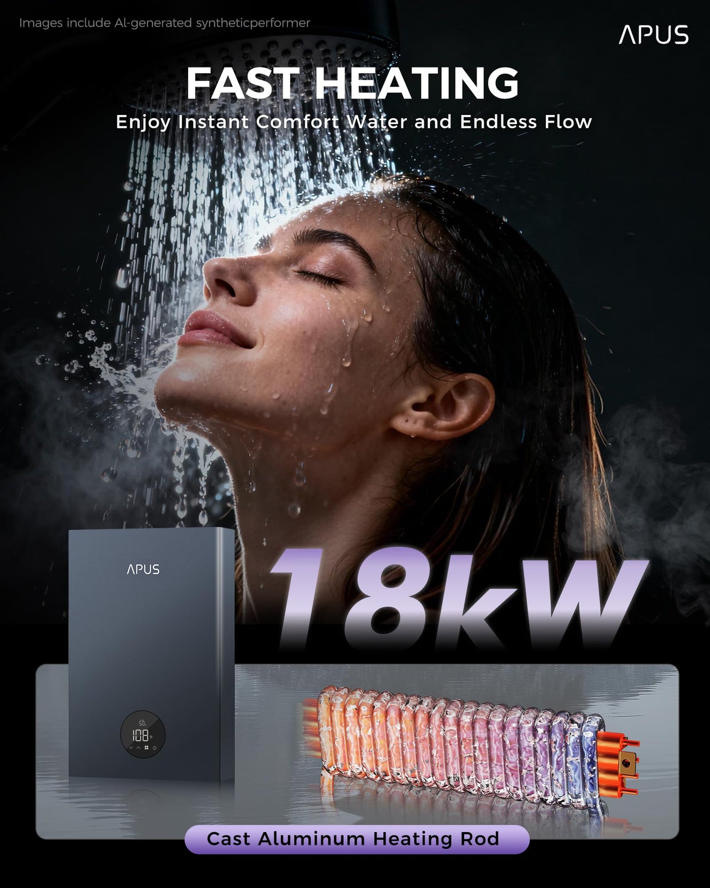 18kW Electric Tankless Water Heater, APUS 240V Instant On-Demand Hot Water Heater, Up to 4.4 GPM with LED Display, Energy-Saving Whole House Water Heating System, Space-Saving Design,Gray