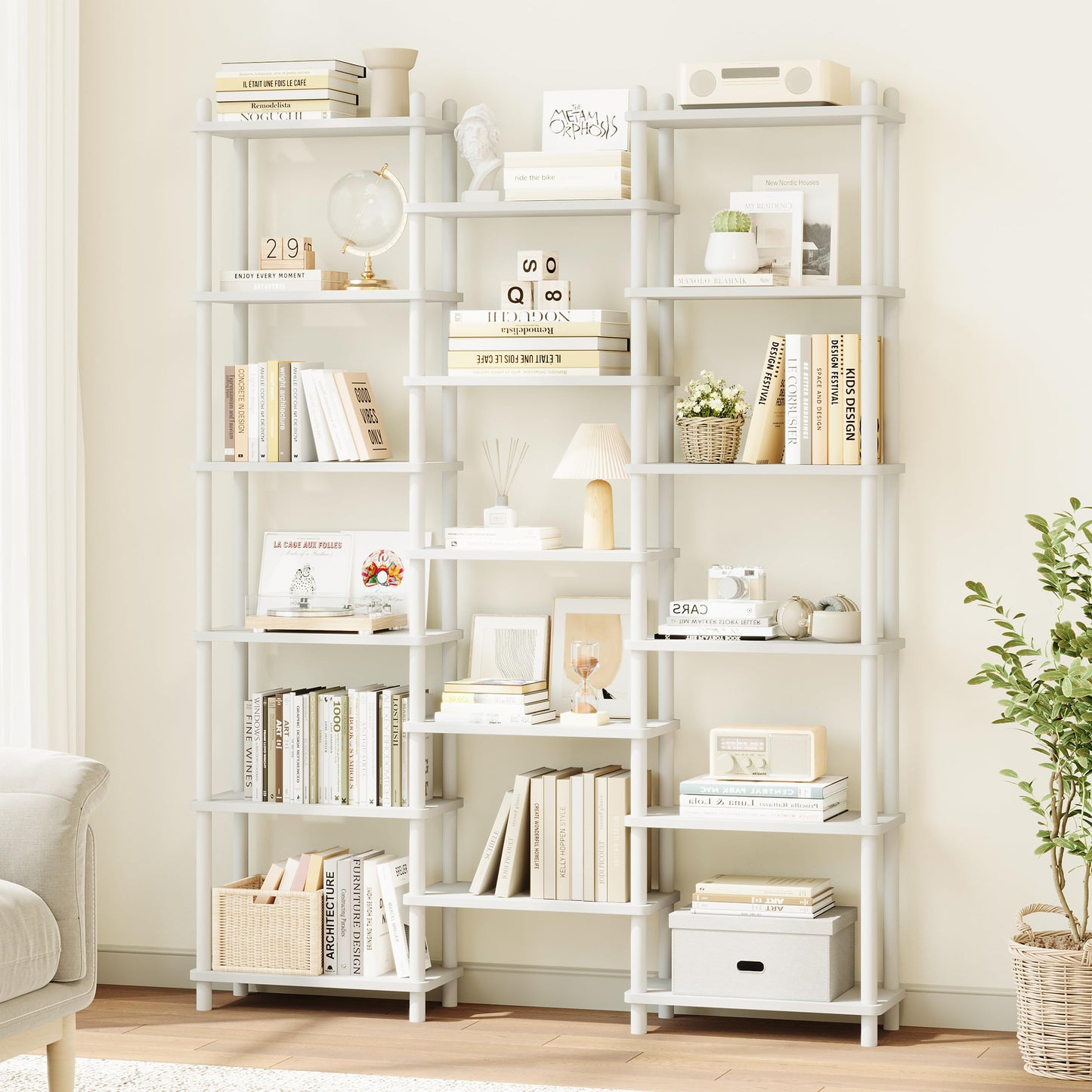 IOTXY Wooden Triple Wide Bookshelf - 6-Tier Large Shelf Bookcase with Solid Beech Frame, Tall Freestanding Open Etagere Display Rack for Home Office, White