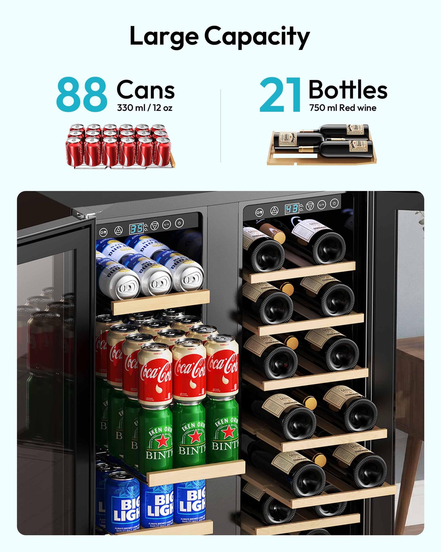 EUHOMY Wine and Beverage Refrigerator, 24 Inch Dual Zone Wine Cooler with Glass Door Hold 21 Bottles and 88 Cans, Built in or Under Counter Wine Fridge with Blue LED Light