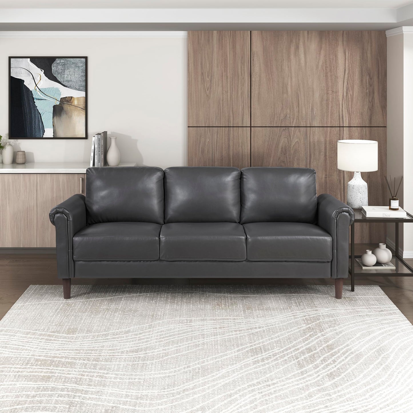 Lexicon 79" W Sofa Couch, Faux Leather Upholstered 3-Seater with Rolled Arms & Wood-Look Feet, Pocket Coil Support, Traditional Living Room, Office or Waiting Room Seating - Dark Gray
