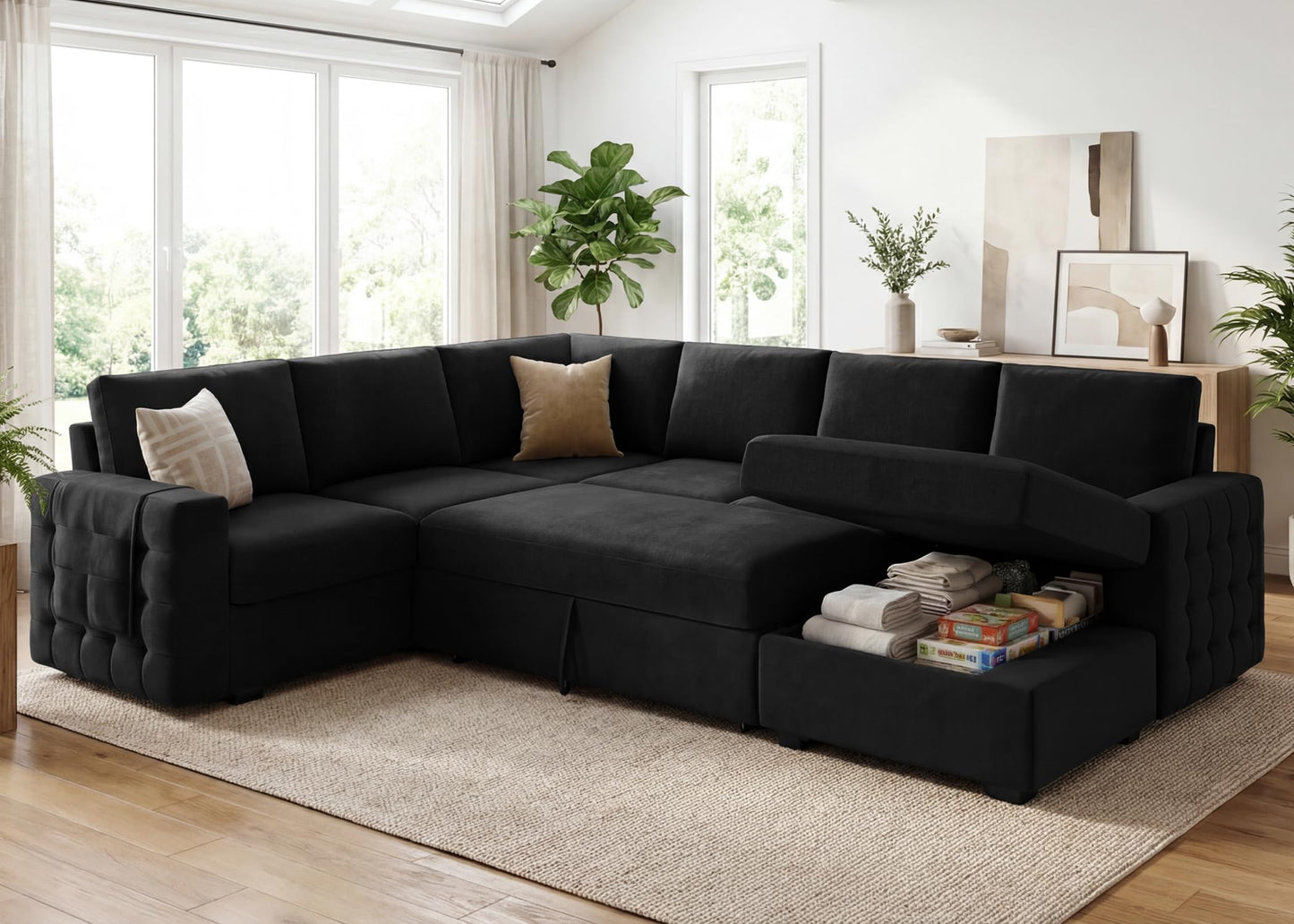 HONBAY Sectional Sleeper Sofa with Pull Out Bed U-Shape Sectional Couch with Storage Chaise 6 Seater Sleeper Sectional Sofa Bed, Velvet Black