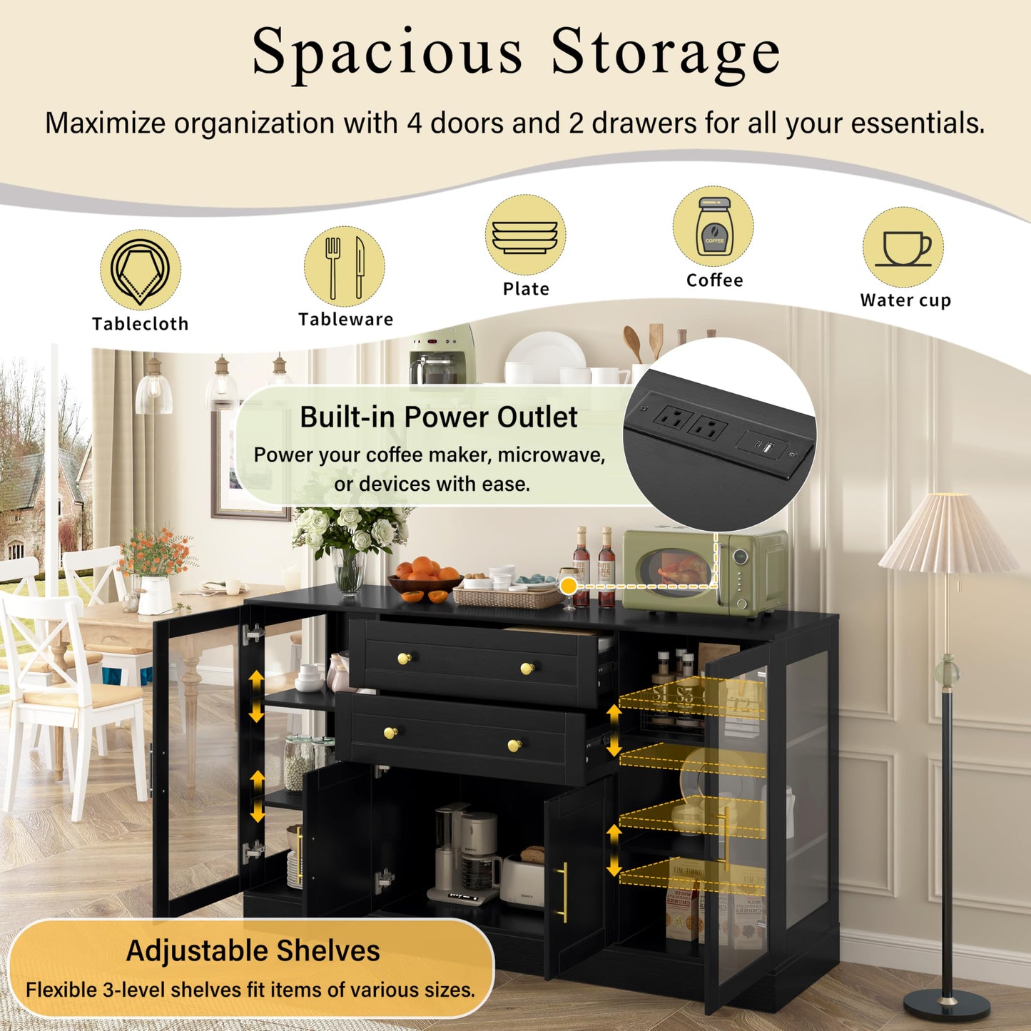 GDFStudio 51" Modern Storage Cabinet with Doors & Drawer, Large Buffet Sideboard Cabinet with Adjustable Shelves, Farmhouse Credenza Console Table Coffee Bar for Living Room Dining Room Kitchen, Black