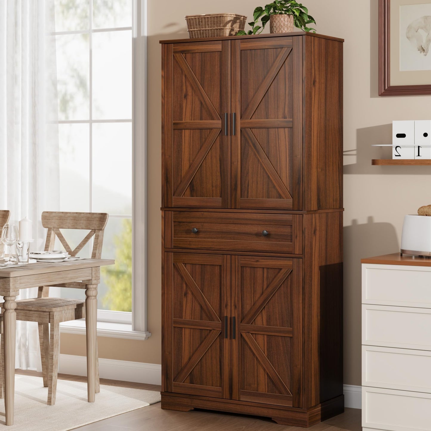 Garvee 71" Kitchen Pantry Cabinet, Barn Door Freestanding Cupboard with Drawer, Sliding Storage Rack, and 6 Hanging Shelves for Kitchen, Dining Room, Living Room Bedroom