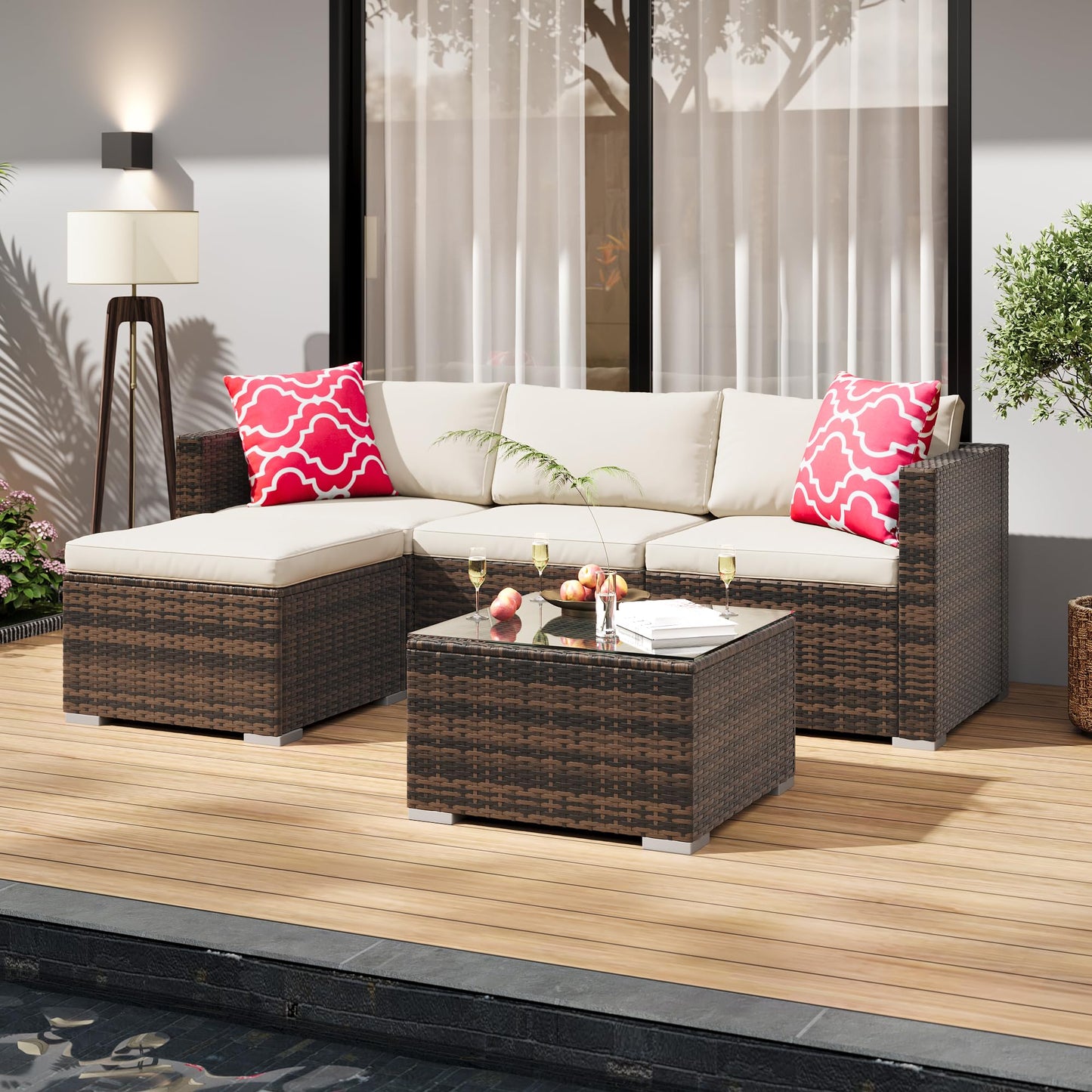 MilleLoom 5-Piece Outdoor Sectional Sofa Set, All-Weather PE Rattan Patio Furniture with Ottoman & Tempered Glass Table, Convertible Garden Couch for Backyard, Porch, Poolside (Brown/Beige)