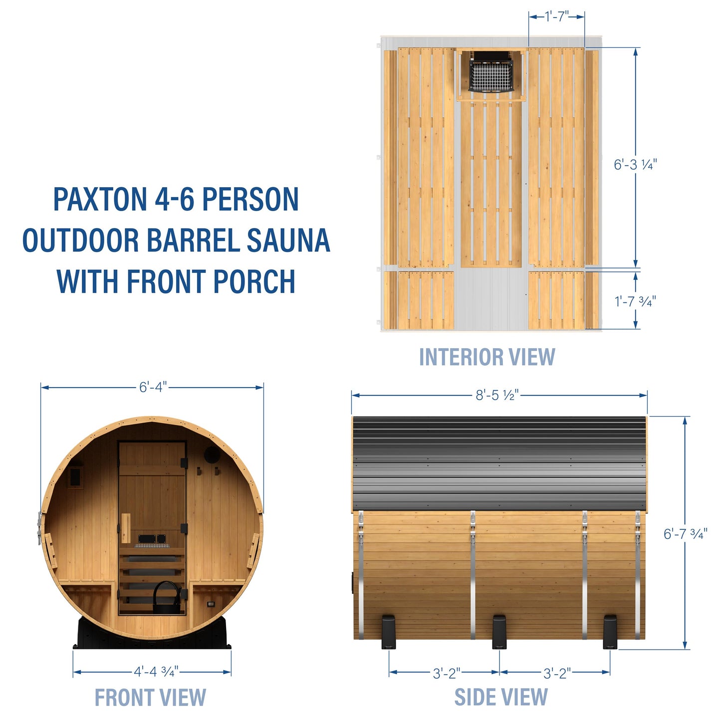 Backyard Discovery Paxton 4-6 Person Traditional Cedar Outdoor Barrel Sauna with Electric Sauna Heater, Front Porch, Sauna Rocks, Dry Heat, Steam Sauna, LED Lights, Wi-Fi Panel, Sauna Accessories