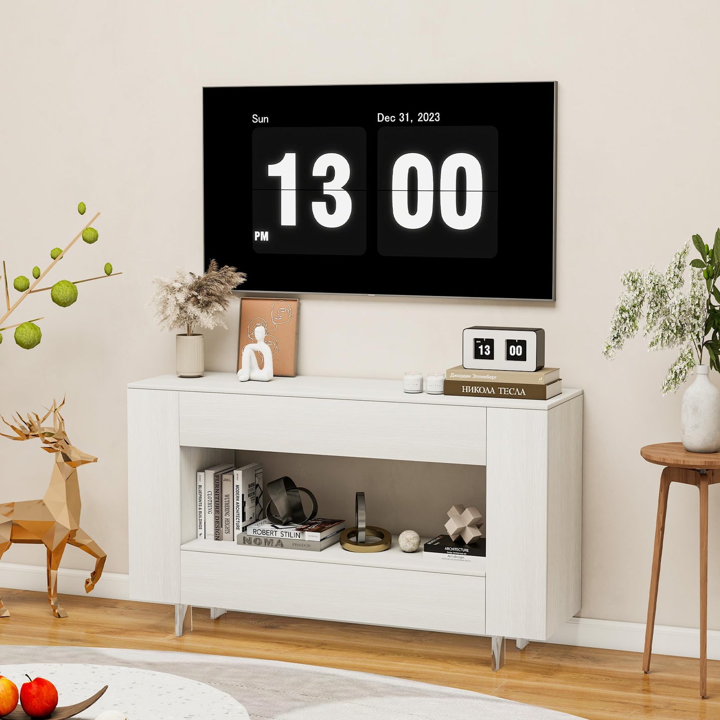 55" TV Stand with 2 Drawers & Hidden Storage Cabinets, White Wood Grain