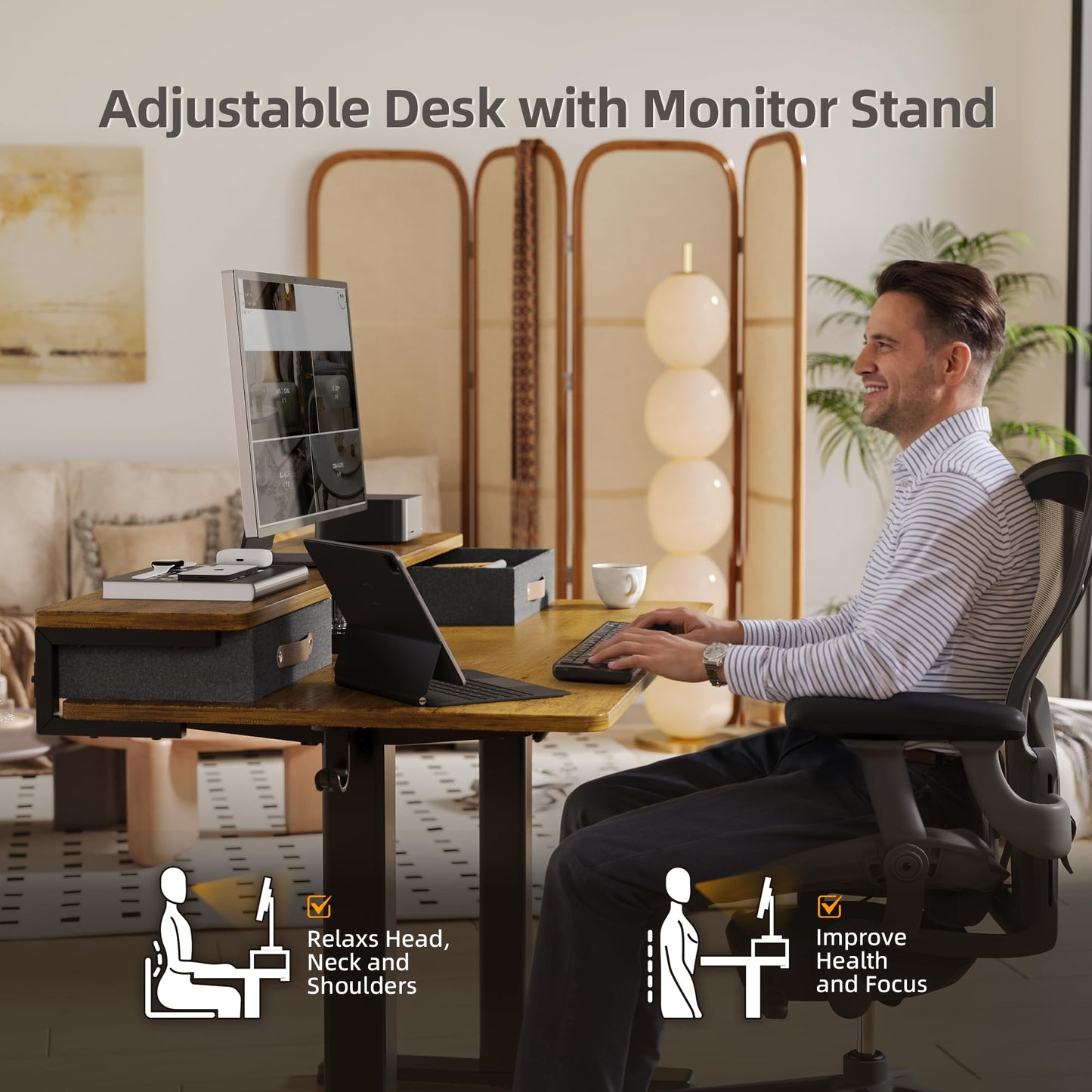 Seang Electric Standing Desk with 2 Drawers, Adjustable Standing Desk with Storage Shelf, Height Adjustable Stand up Desk for Home Office with 3 Presets & 2 Hooks, 55 Inch, Rustic Brown