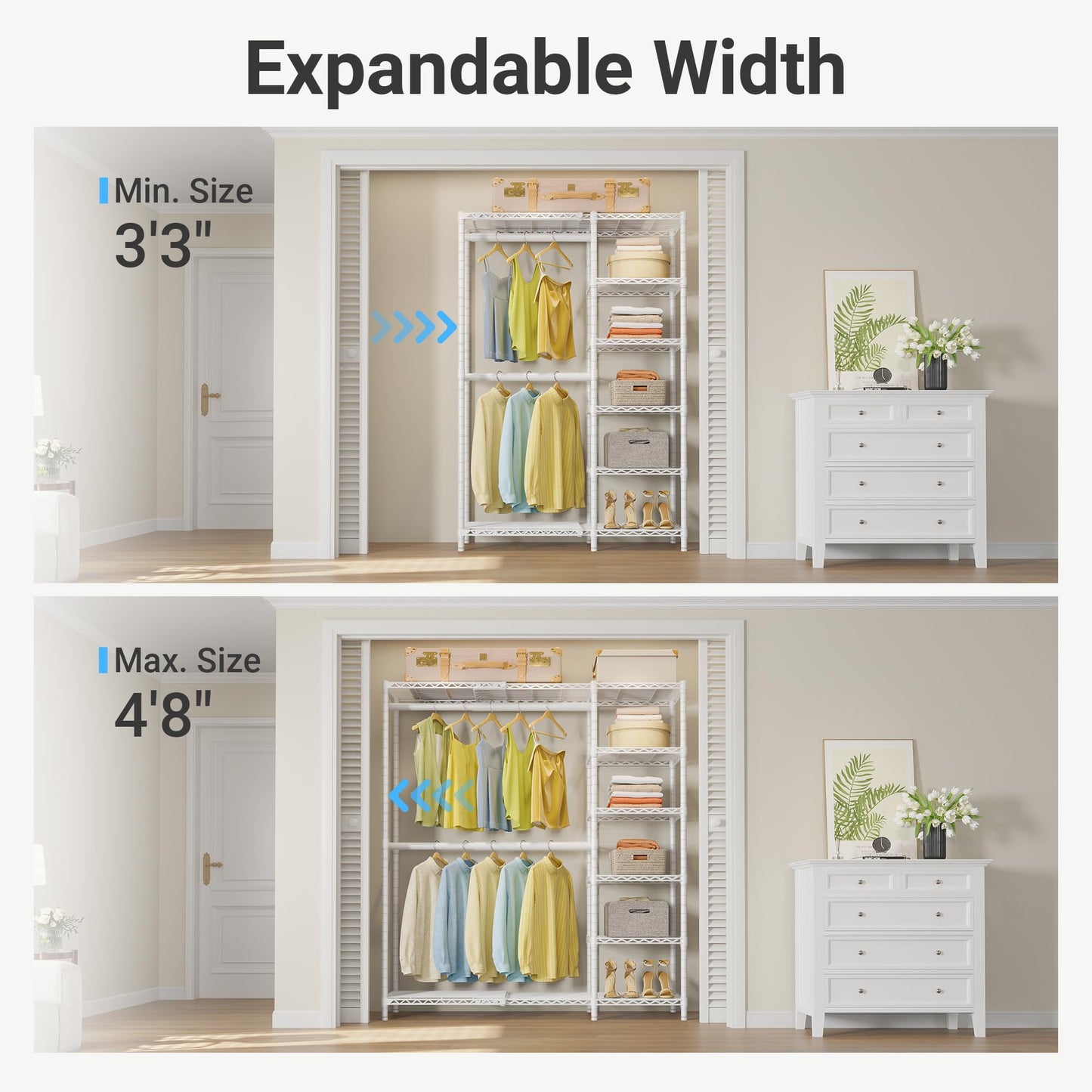 VIPEK X2 Expandable Reach-in Closet Racks Adjustable from 3'3" to 4'8" Portable Open Walk-in Closet Rack System with Flexible Shelves and Hanger Rods Clothing Rack for Hanging Clothes, White