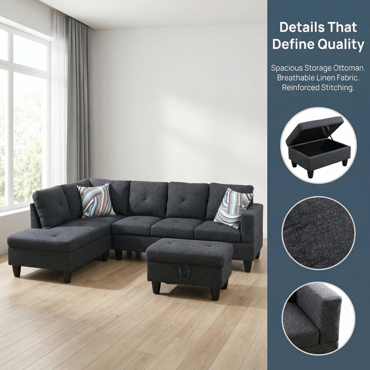 NicBex Sectional Couch 3 Pieces Sofa Set, L-Shaped Modular Couches for Living Room, Furniture Sets with Lounge Chaise & Storage Ottoman, Multi-Scene Use for Apartment & Office, Black Grey