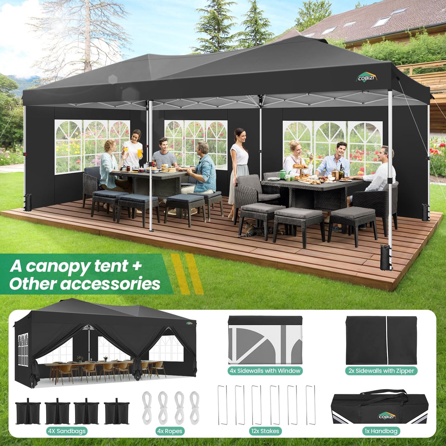COBIZI Canopy 10x20 Pop Up Canopy Tent with 6 Sidewalls, One Push Party Tents for Parties Outdoor Wedding Waterproof Gazebo Commercial Event Tent with Sandbags, Black