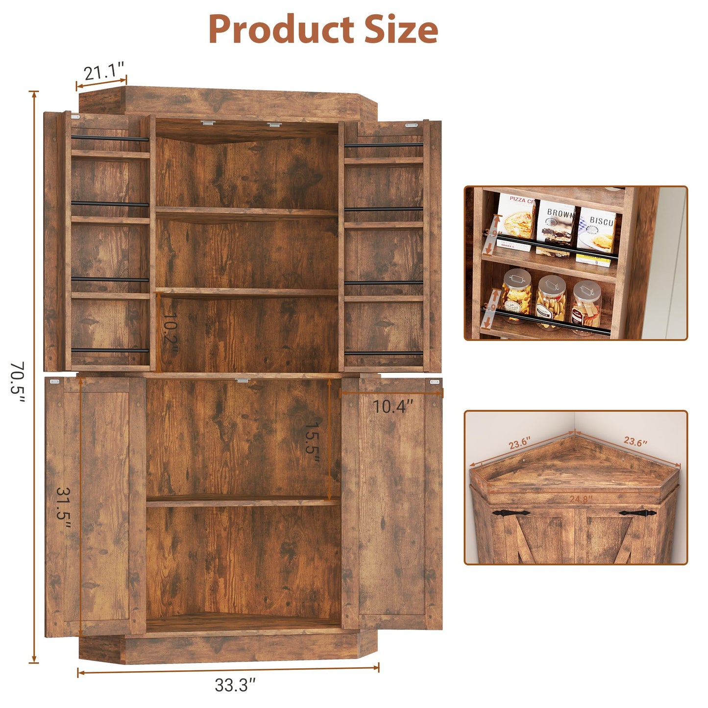 Corner Cabinet,71'' Kitchen Pantry Storage Cabinet with 4 Doors and Shelves, Tall Food Pantry Storage Cabinet Farmhouse Furniture for Kitchen Dining Room, Brown