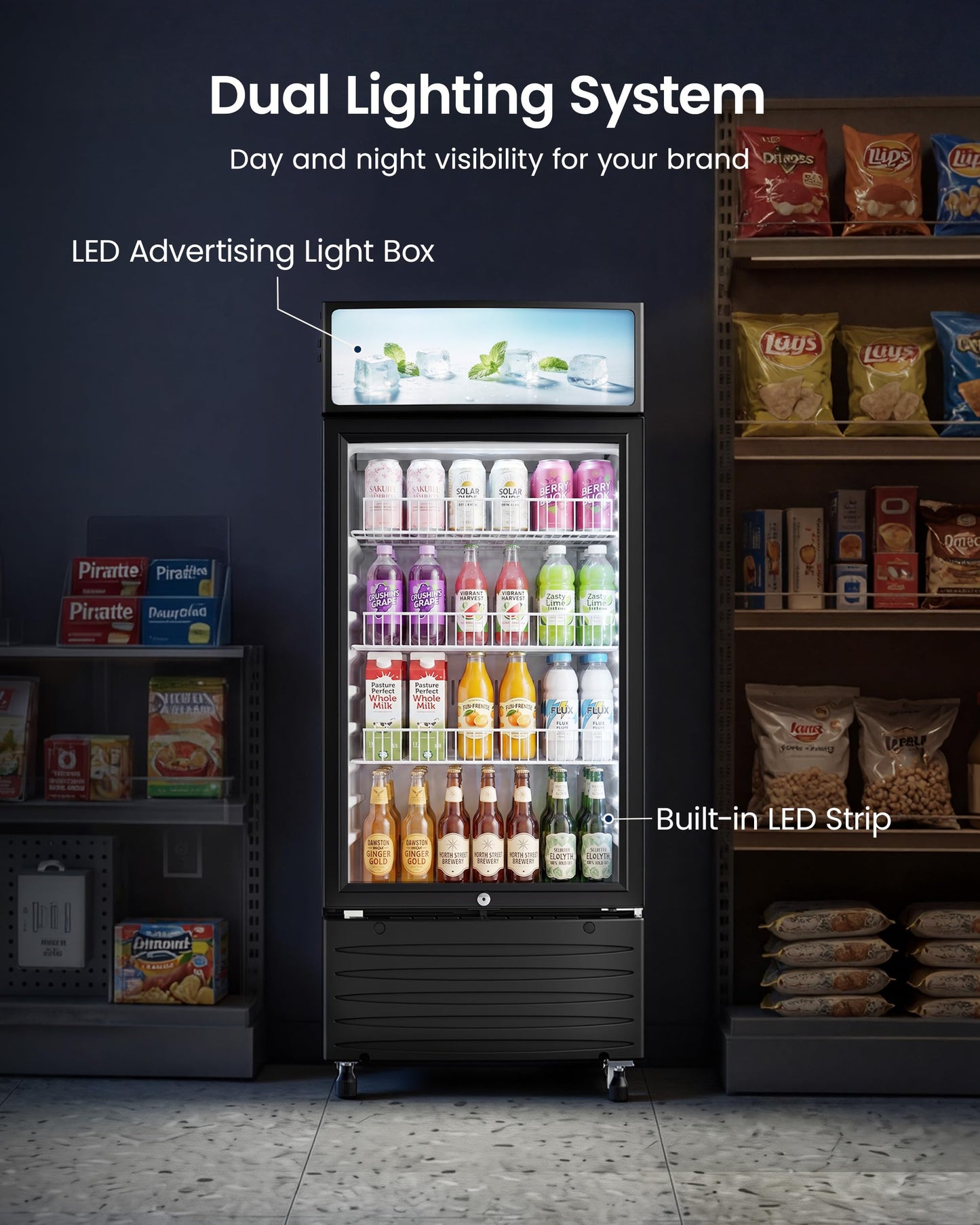 ICEVIVAL Commercial Beverage Refrigerator, 6 cu.ft Glass Door Drink Cooler with LED Lightbox & Lock, 32-50℉ Adjustable Temperature, ETL Certified Display Fridge for Bar, Restaurant & Shop