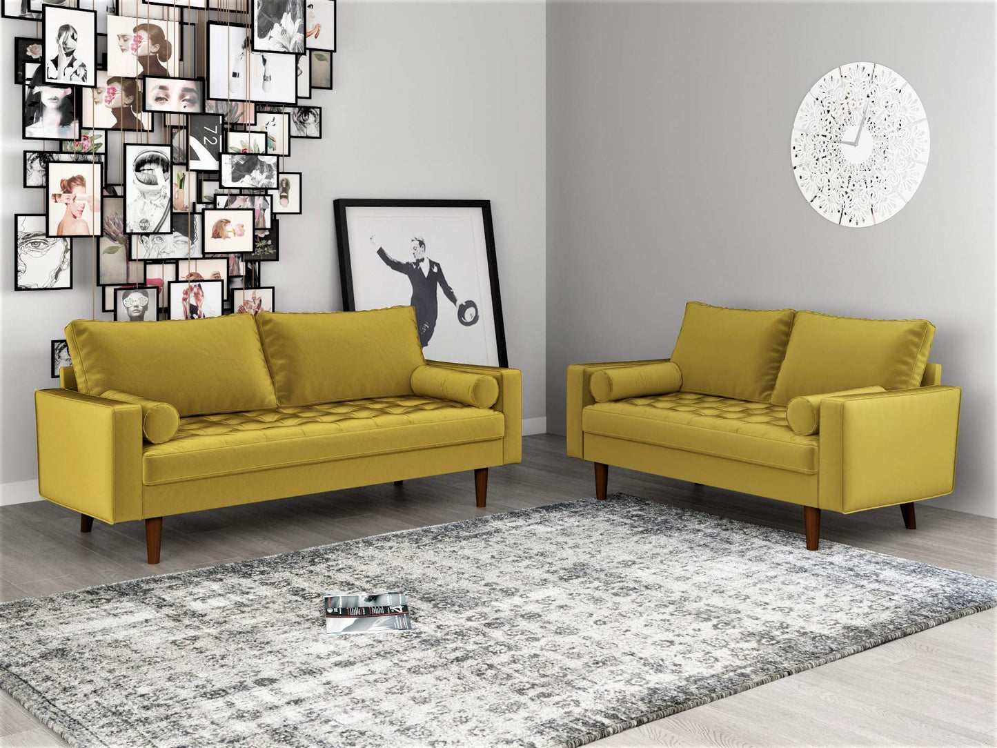 Container Furniture Direct Womble 58 Inch Velvet Loveseat Sofa with Elegant Button Tufted Upholstery, Square Arms, Splayed Wood Legs, Includes Matching Bolster Pillows, Textured Gold