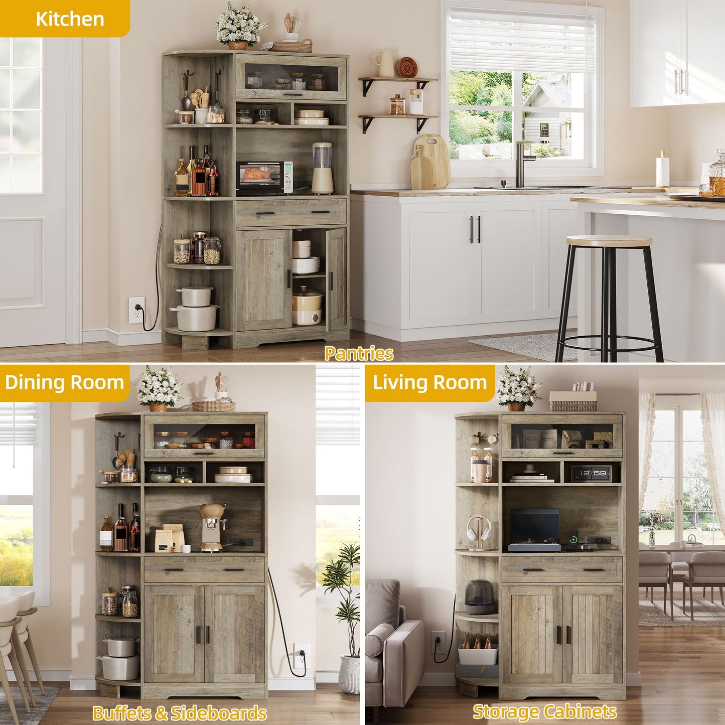DWVO Farmhouse Kitchen Pantry Cabinet, 67" Bakers Rack w/Storage Cabinet, Coffee Bar w/Charging Station, Buffet Sideboard, Microwave Stand, Hutch Cupboard for Dining Room Kitchen Living Room(Ash Gray)