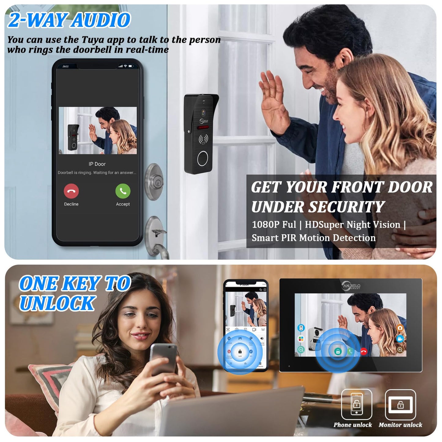 Wired Video Doorbell Intercom System 1080P HD Camera 7 inch Monitor Entry Doorphone Door Camera TUYA WiFi Smart Home Door Phone Kits for Apartment Home Villa (2 Doorbell + 2 Monitor)