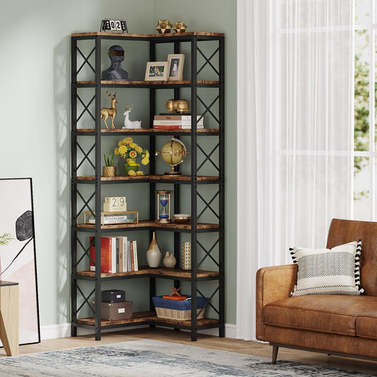 LITTLE TREE 7-Tier Tall Corner Book Shelf,Rustic Brown Corner Bookshelf, Modern Bookcase Metal Storage Shelves for Bedroom Living Room or Home Office