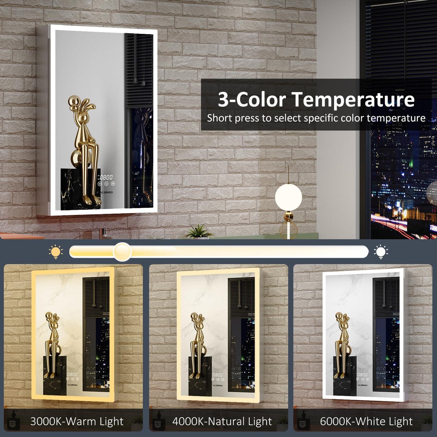 ACEMIRO 20"×30" Bathroom Mirror Cabinet, Recessed Lighted Medicine Cabinet with Mirror, Dimmable 3 Color Lights, Clock & Room Temp Display, Defogger, LED Bathroom Cabinet with Storage, Left Hinge